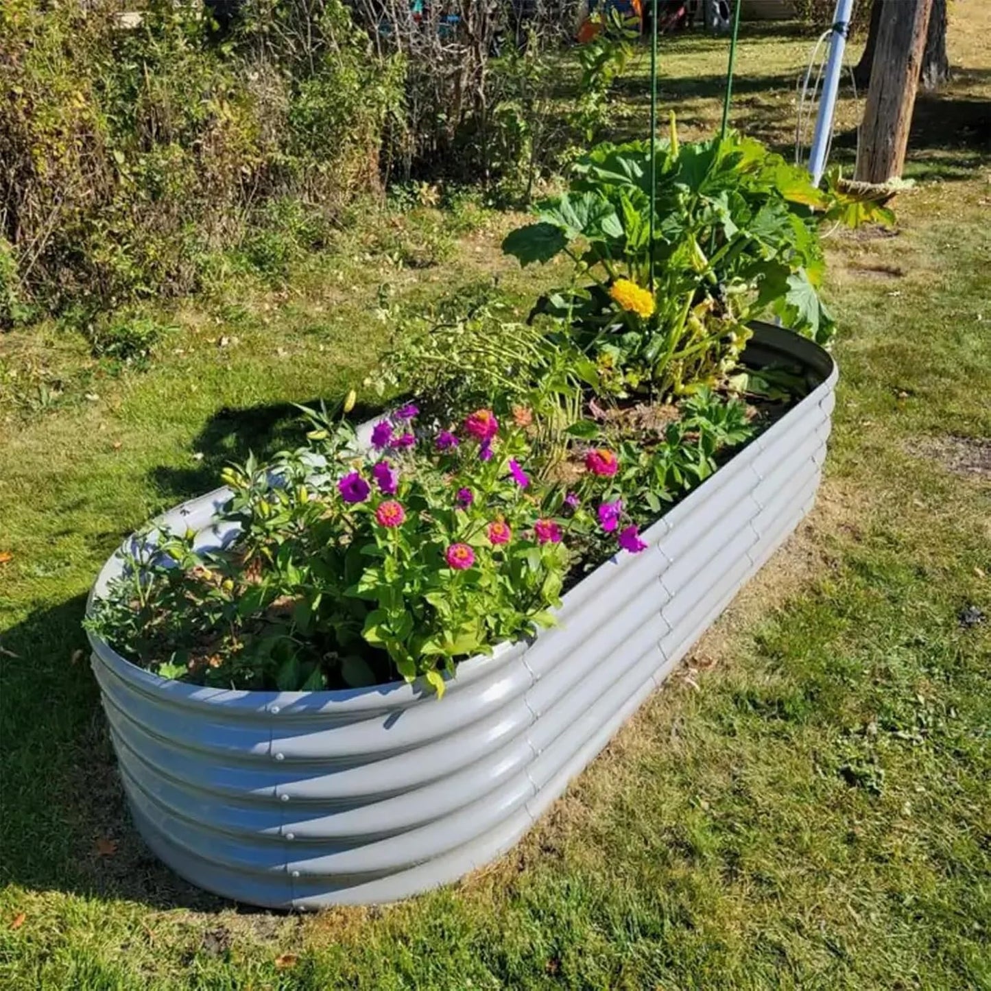 1 Pack 8x3x1.5FT Galvanized Raised Garden Bed Kit Oval Metal Ground Planter Box Outdoor Bottomless Planter Raised Beds for Vegetables Flowers Herbs Fruits, Gray