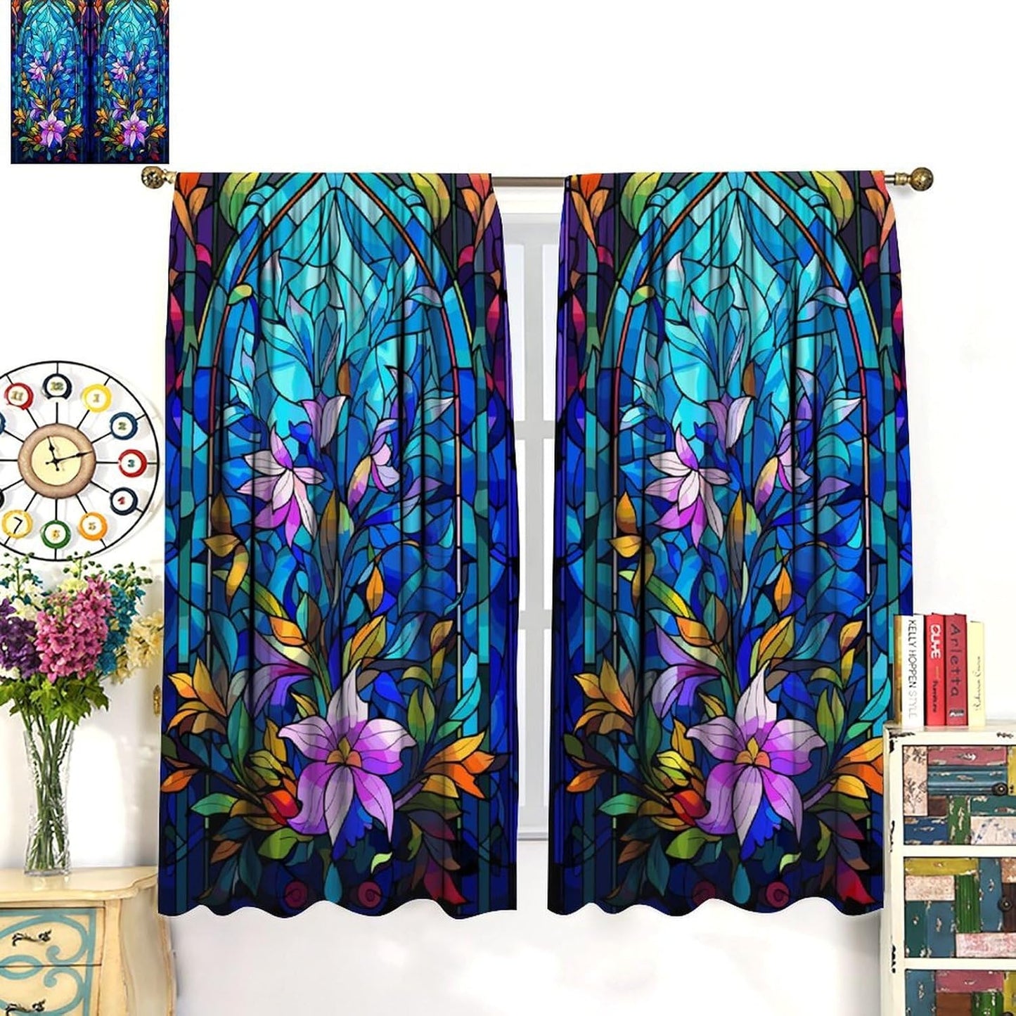 Stained Glass Curtains,Abstract Colorful Floral Geometric Art Home Decor Drapes for Bedroom Living Room Kitchen Window Treatment 2 Panels Set Total Size 63" W X 72" L Inch
