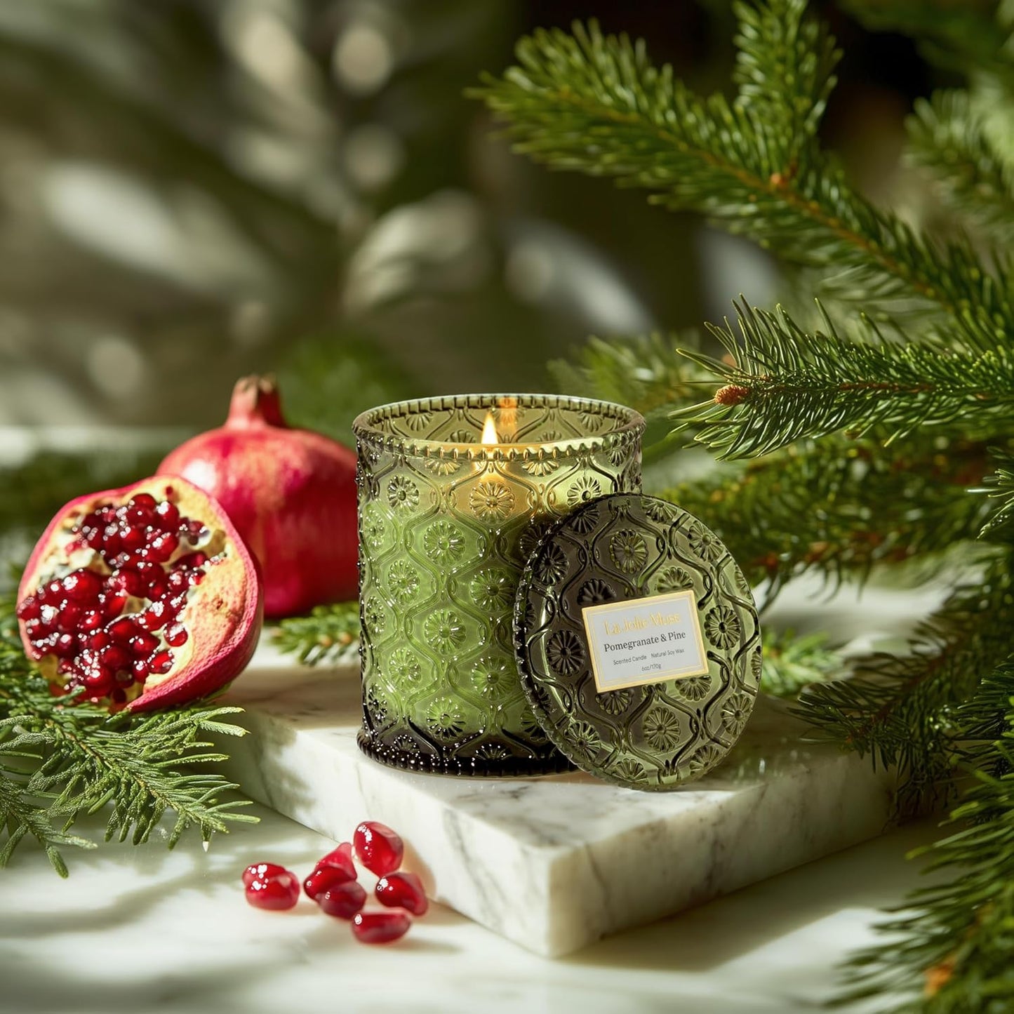 LA JOLIE MUSE Christmas Candles, Pine & Pomegranate Candle -Lemon, Pomegranate & Pine | 6 oz Natural Soy Wax | 40 Hours Clean Burn | Gift-Ready for Hosts, Gatherings | Elegant Home Décor
