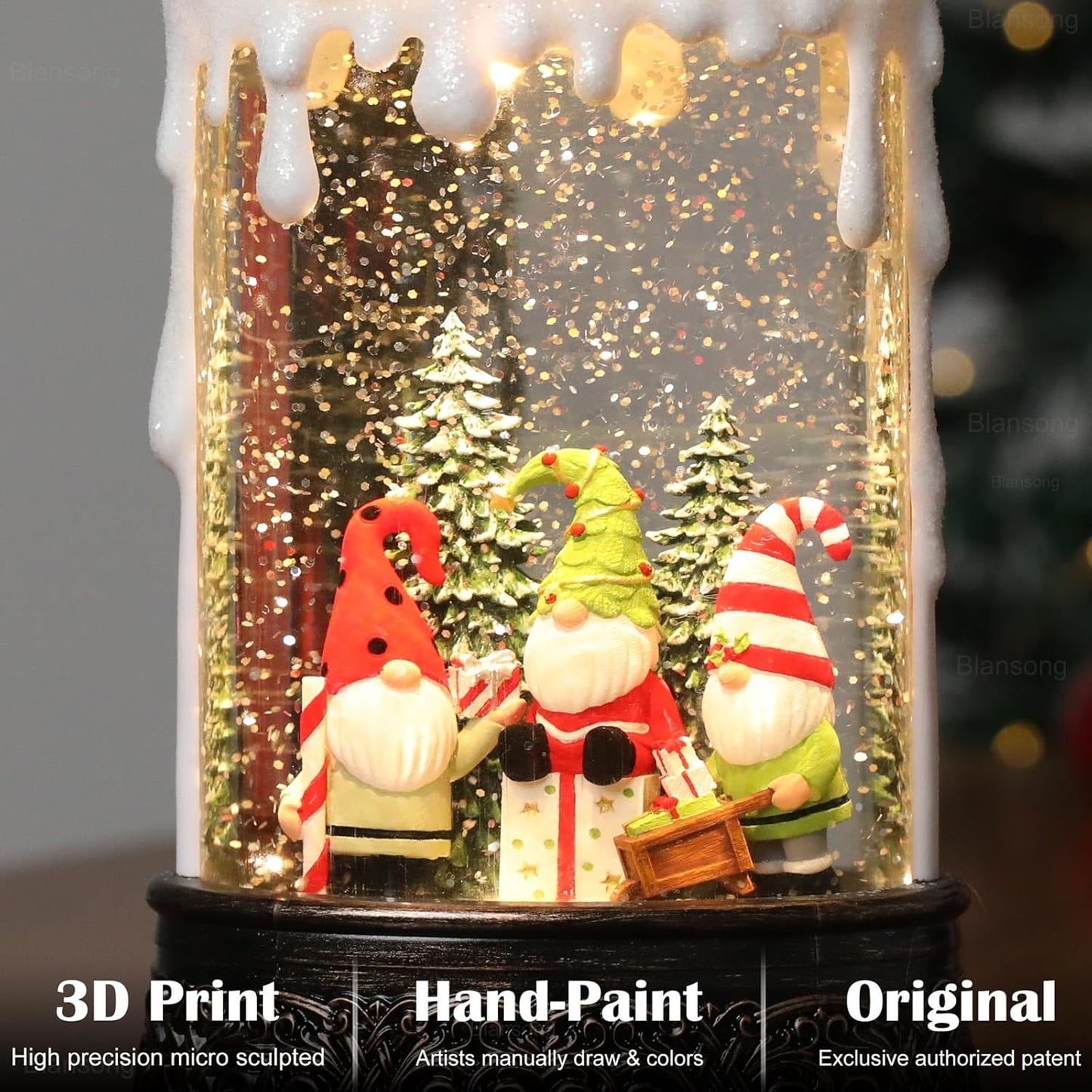 Gnome Snow Globe Candle Christmas Decorations Gifts Auto Snowfall Glitter Music Collection with 6H Timer USB/Battery Powered 9.7 inch
