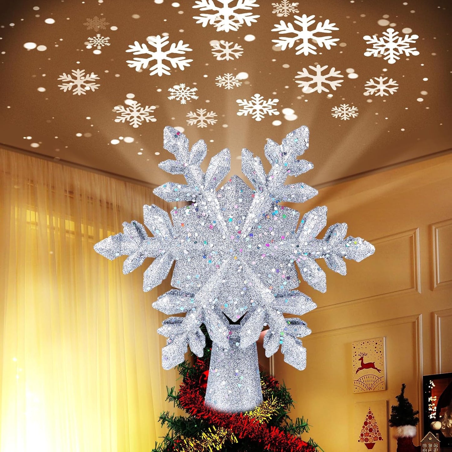 Christmas Tree Topper Lighted with Built-in Led Rotating Snowflake Projector Lights, 9.6” Hollowed Tree Topper with Silver Spangles Plug In for Indoor Home Xmas New Year Party Holiday Night Tree Decor