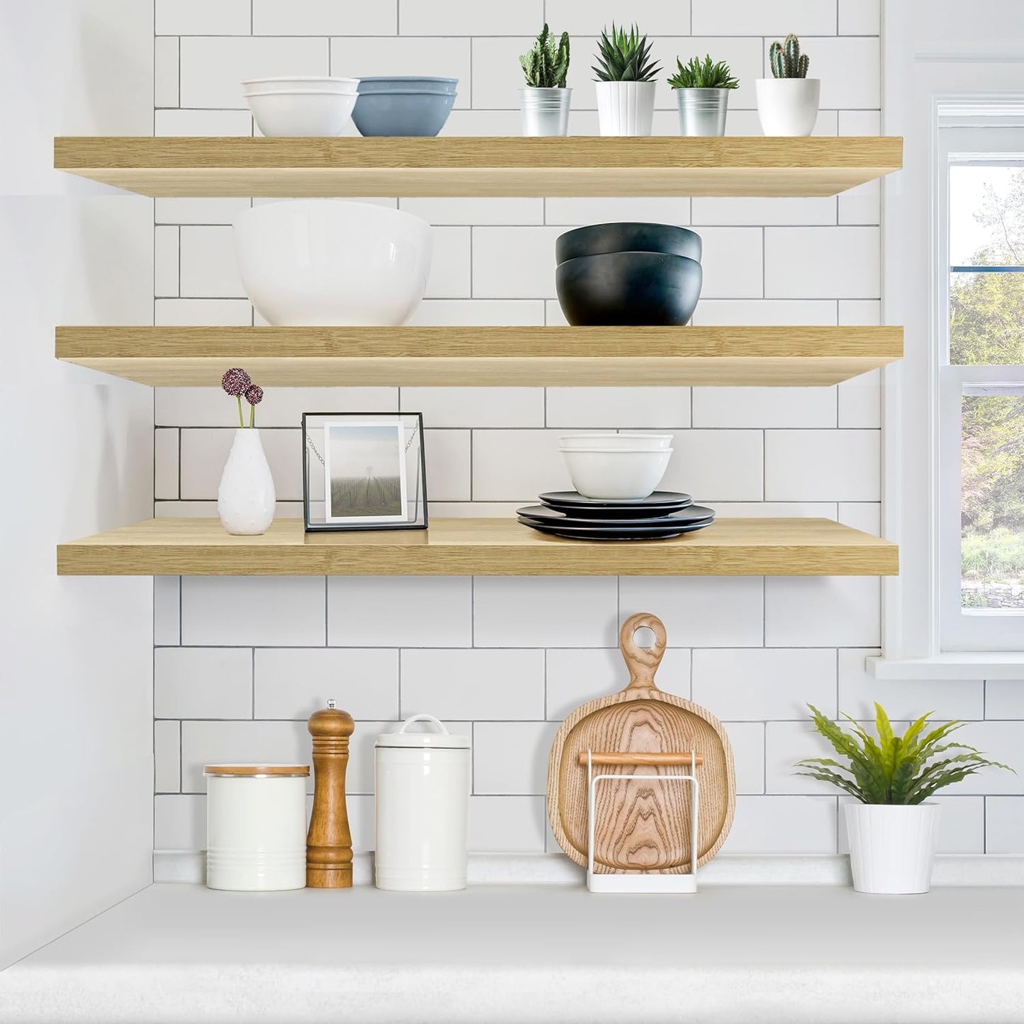 Sorbus Floating Shelves for Wall - 48 Inch Long Bathroom Shelves, Wall Decor for Bedroom, Kitchen, Living Room & Book Storage - Mounted Floating Shelf with Invisible Brackets (Maple Wood, 3 Pack)