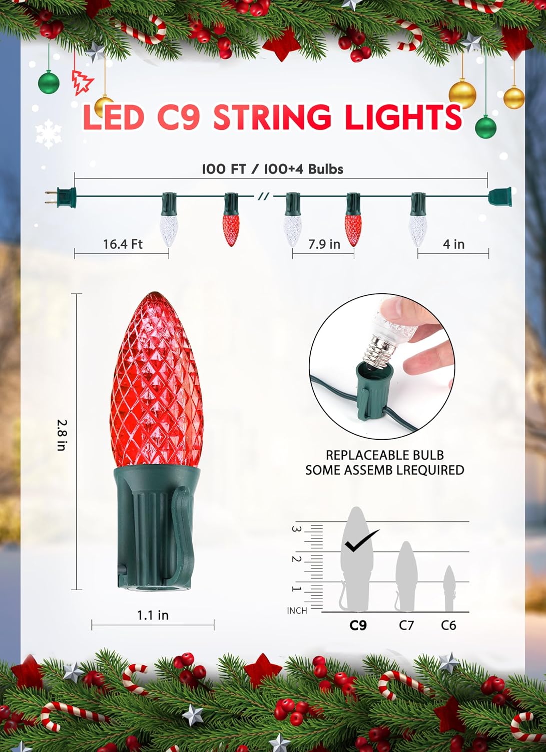 100 Feet Commercia Led Outdoor Christmas Lights, Waterproof C9 Christmas String Lights with 100 C9 Strawberry Bulbs Connectable UL Certified for Roofline Patio Holiday Party Backyard Xmas Decor