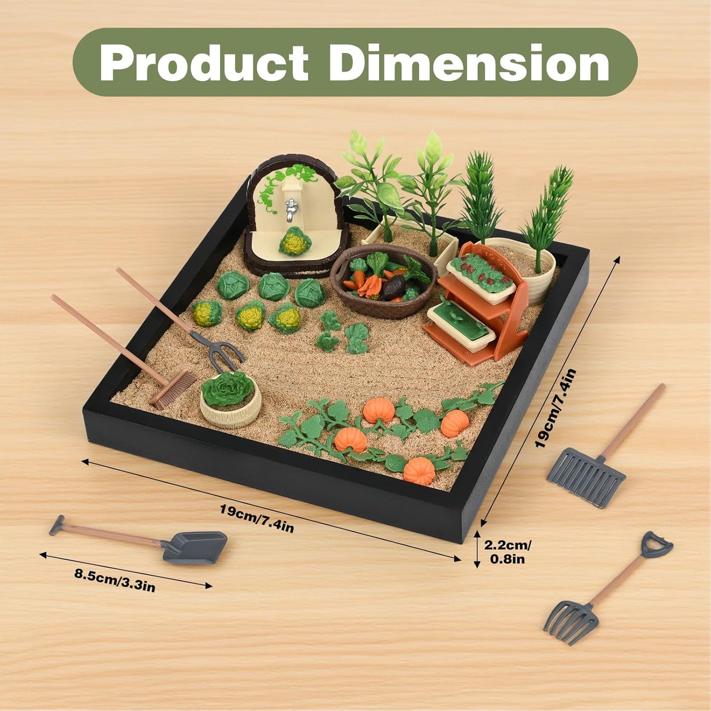 Dreamon Zen Sand Garden for Desk - Vegetable Gardening Themed Sand Tray Therapy Kit with 56 Accessories & Encouragement Cards - Meditation Room & Office Stress Relief Toy - Funny and Novelty Gift Idea