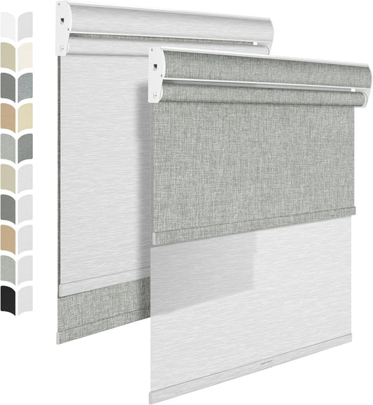 BERISSA Cordless Dual Roller Shades with Cassette Valance,Double Window Shades Blackout and Light Filtering Shades,Day and Night Roller Shades for Home Office Door.Linen Grey and White.48 W x 80" H