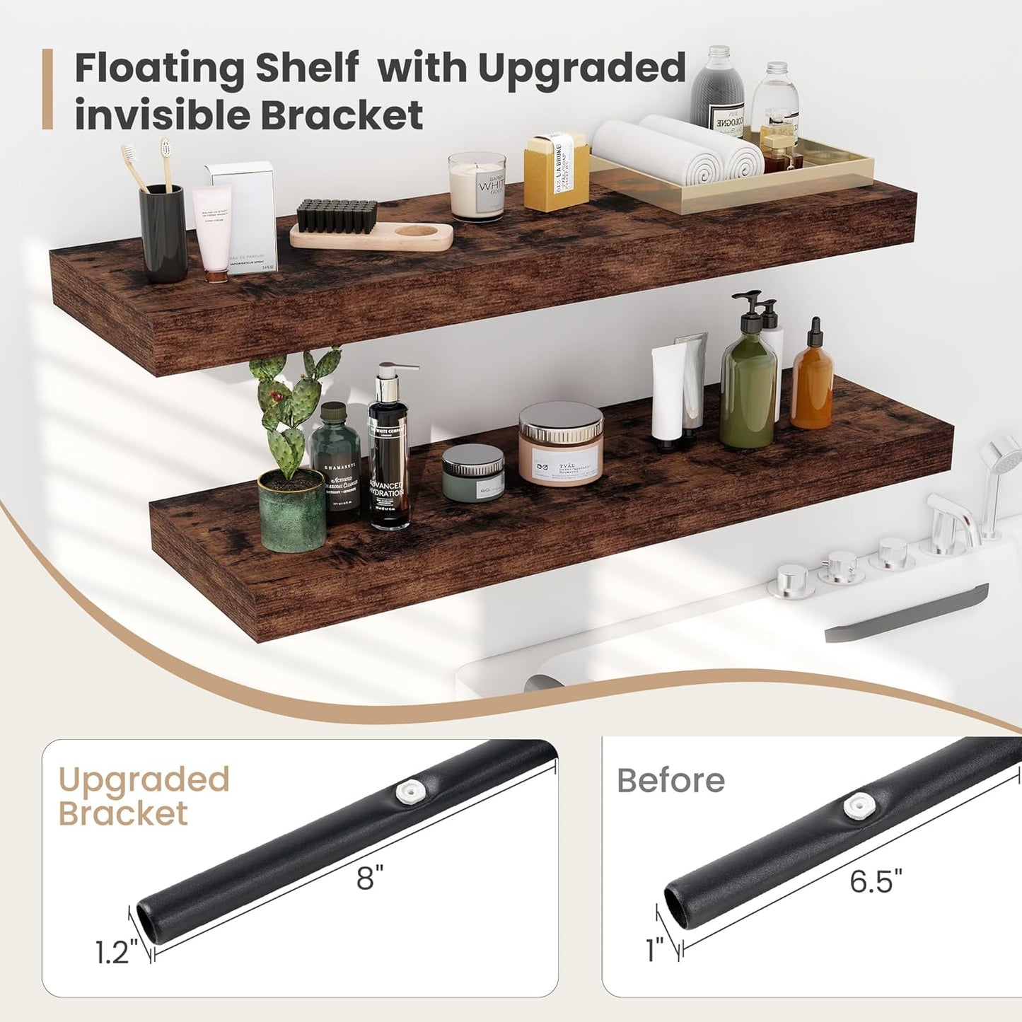 Heimlove 12 Inch Deep Floating Shelves, 48 x 12 inches Long Wall Shelf, Large Display Shelf & Storage Shelf, Rustic Wood Wall Shelves for Fireplace Mantel, Set of 2(Rustic Brown)