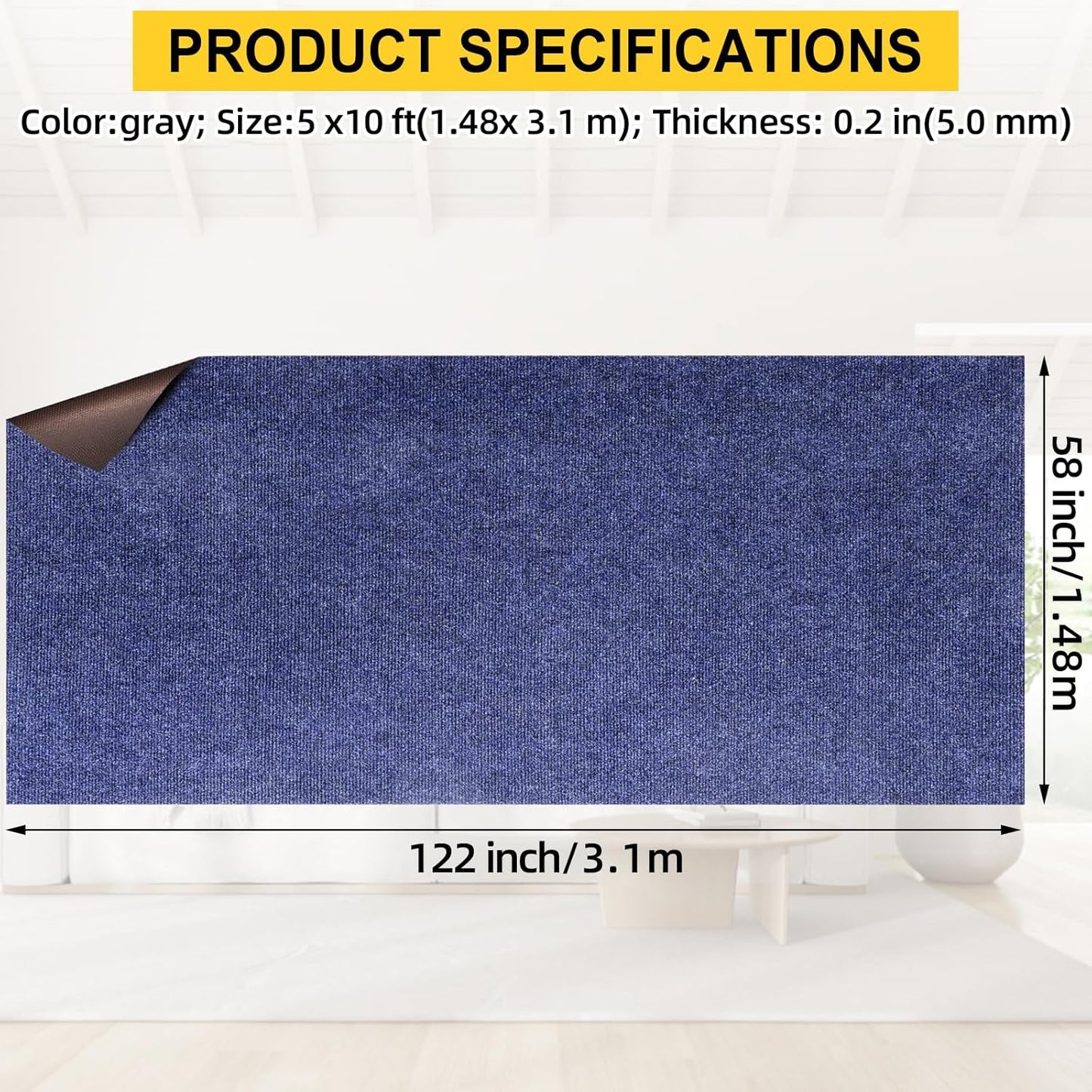 Marine Carpet,5 FT x 10 FT Deep Blue Indoor Outdoor Carpet 0.2" Thick Boat Carpet with Water-Proof TPE Backing, Non-Slide Outdoor Marine Carpet Roll for Home, Patio, Porch, Deck