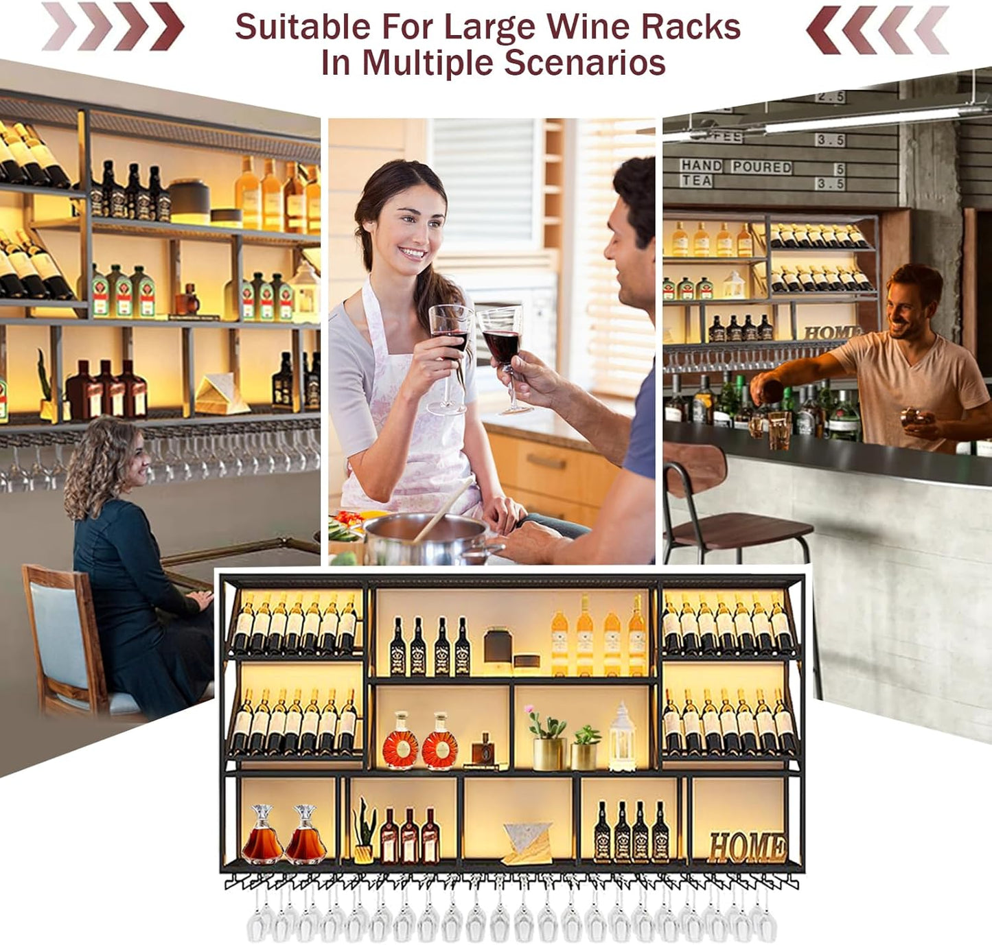 78.7Inch Wall Mounted Wine Rack, 3 Tiers Large Bar Shelves with 21 Glass Holder, Metal Wine Bottle Display Shelf, Modern Iron Liquor Shelf, for Kitchen Dining, Home Bar, Cellar (78.7" W)