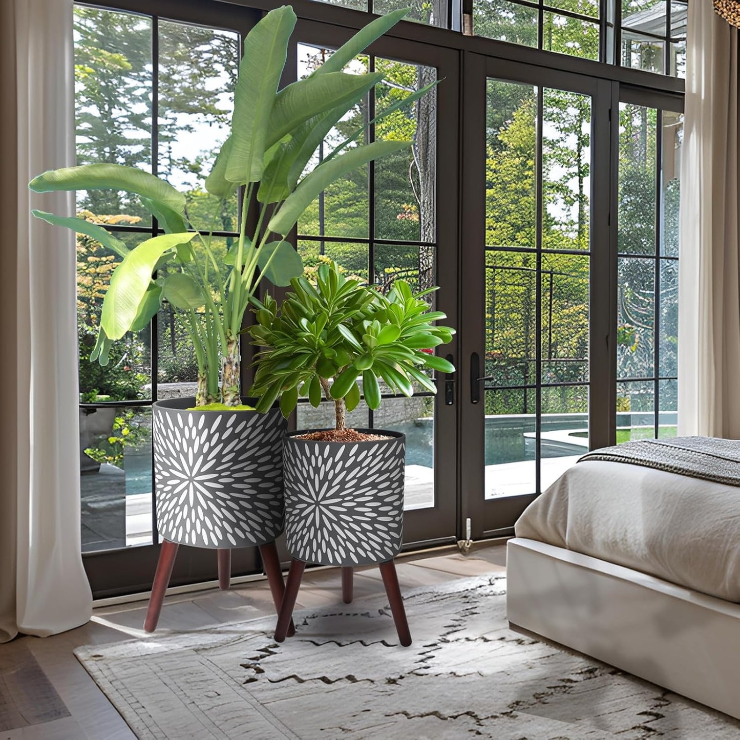 10 & 12 Inches Plant Pot with Stand Set of 2, Large Matte Gray Modern Planters for Indoor Outdoor Plants with Drainage Holes, Big Flower Pots with Wood Legs