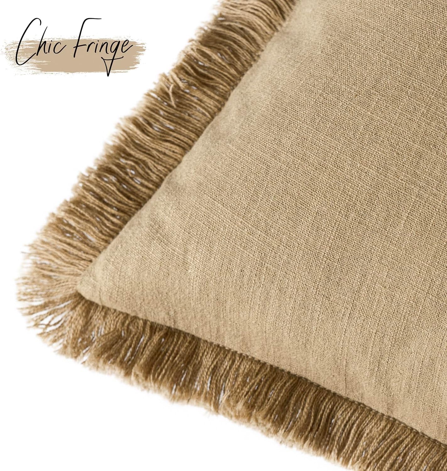 Foindtower Set of 2 Decorative Linen Fringe Throw Pillow Covers Farmhouse Cushion Cover with Tassels Soft Accent Pillowcase for Couch Chair Sofa Bed Living Room Home Decor,24×24 Inch,Light Khaki Taupe
