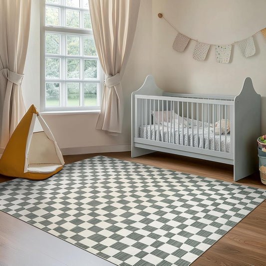jinchan 5x7 Checkered Area Rugs for Kids Room - Machine Washable Soft Rug Modern Geometric Lattice Non-Slip Carpet for Nursery Playroom Classroom Living Room Bedroom Dining Room Home Office Grey