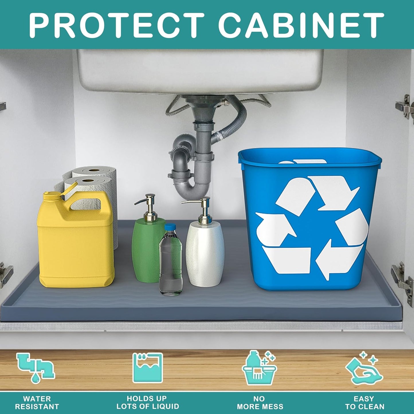 URMONA Waterproof Silicone Under Sink Mat 34'' x 19'' Shelf Liner for Kitchen and Bathroom, Cabinet and Counter Protector, Storage and Organizers, Litter Mat, Pet Cat Puppy Essentials(Black)
