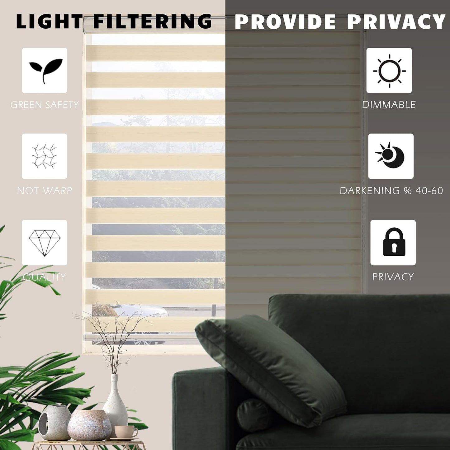 Zebra Blinds Window Blind Zebra Shade Blinds for Windows Roller Sheer Shades Privacy Light Filtering Shades for Home Kitchen Bathroom (Width 53'' X Height 72'' Cream)
