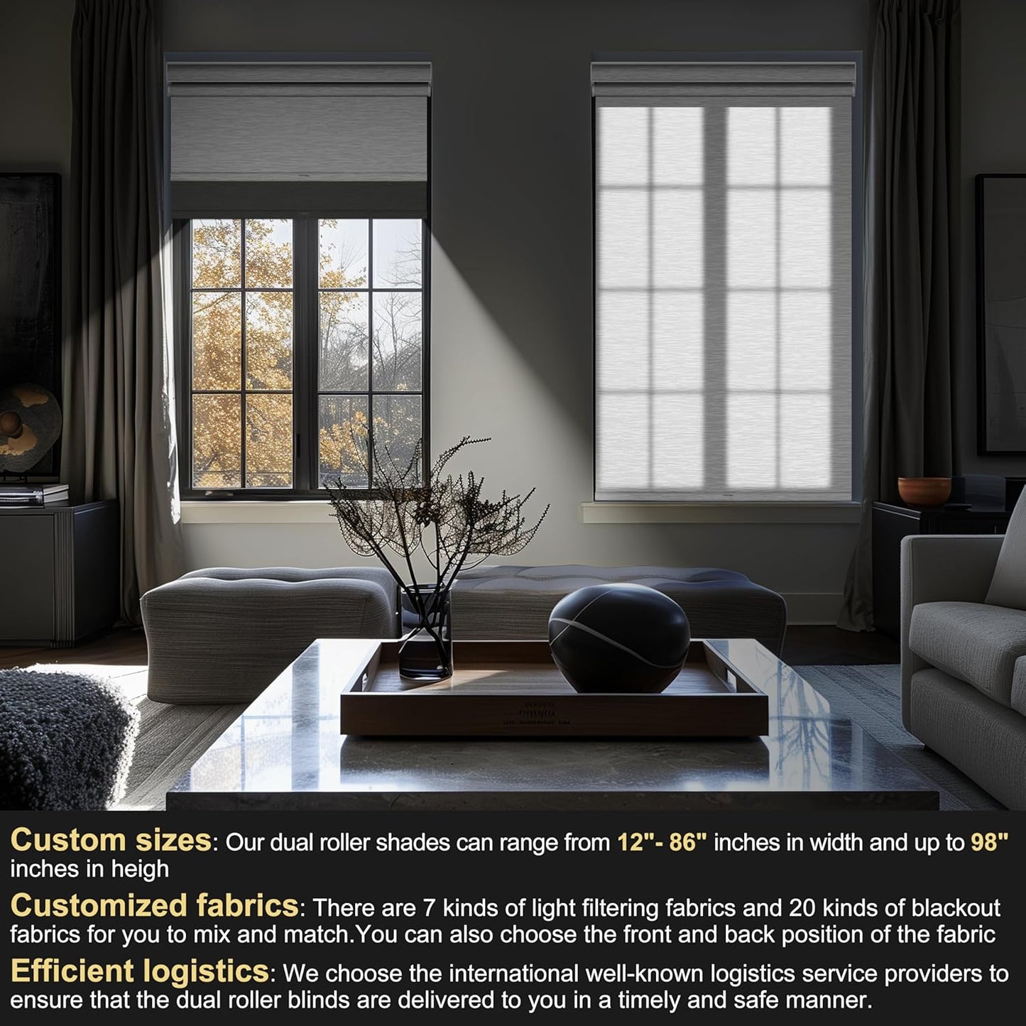 BERISSA Dual Roller Shades with Cassette Valance, Blackout and Light Filtering, Day and Night Shades for Home Office Door. Grey and White. 34 W x 44" H