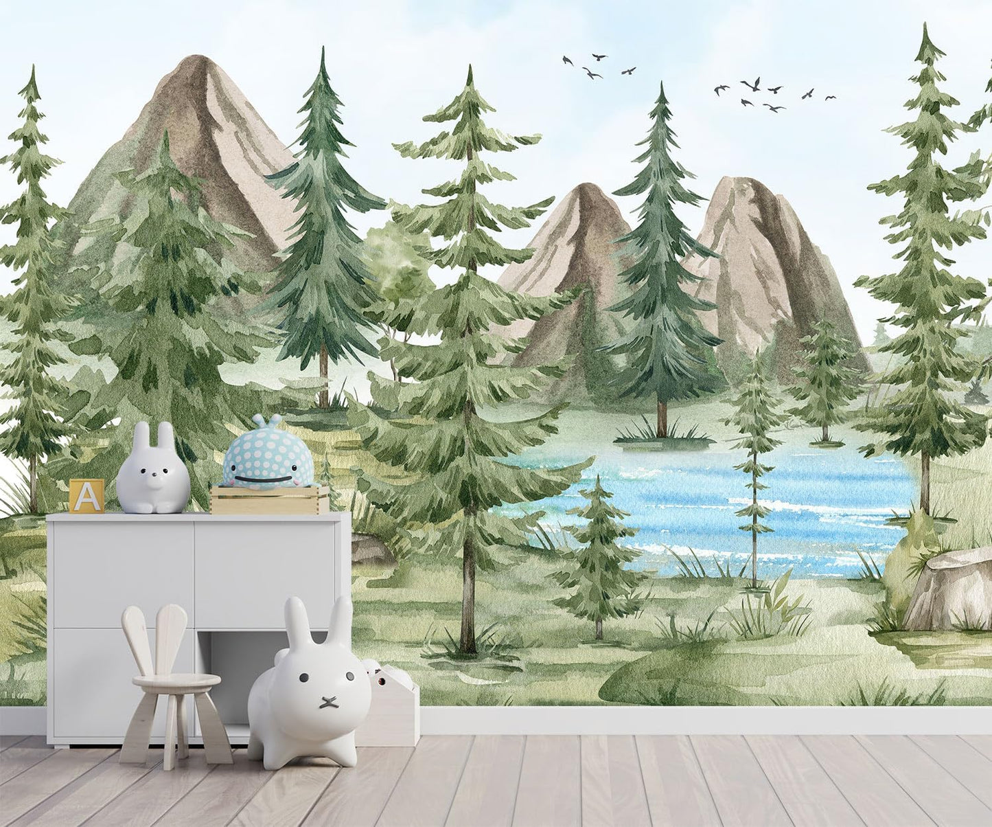 -Watercolor Green Pine Mural Cartoon Forest Fabric Wallpaper Children's Room 180" x 115"(Not Peel and Stick)