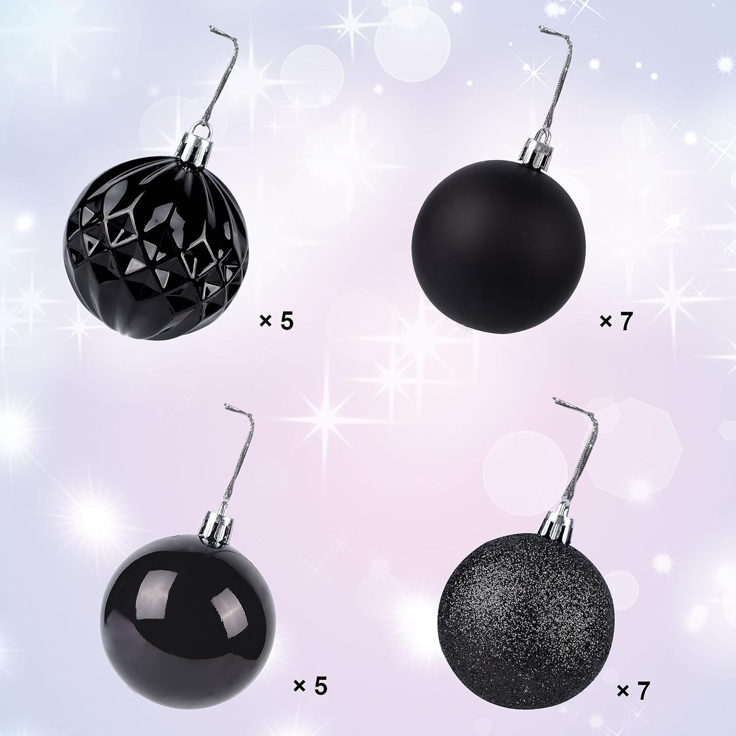 Lulu Home Halloween Ball Ornaments, 24 Ct 2.36" Pre-Strung Hanging Ornament Decorations, Shatterproof Plastic Balls for Holiday Party Wreath Garlands Trees, Black