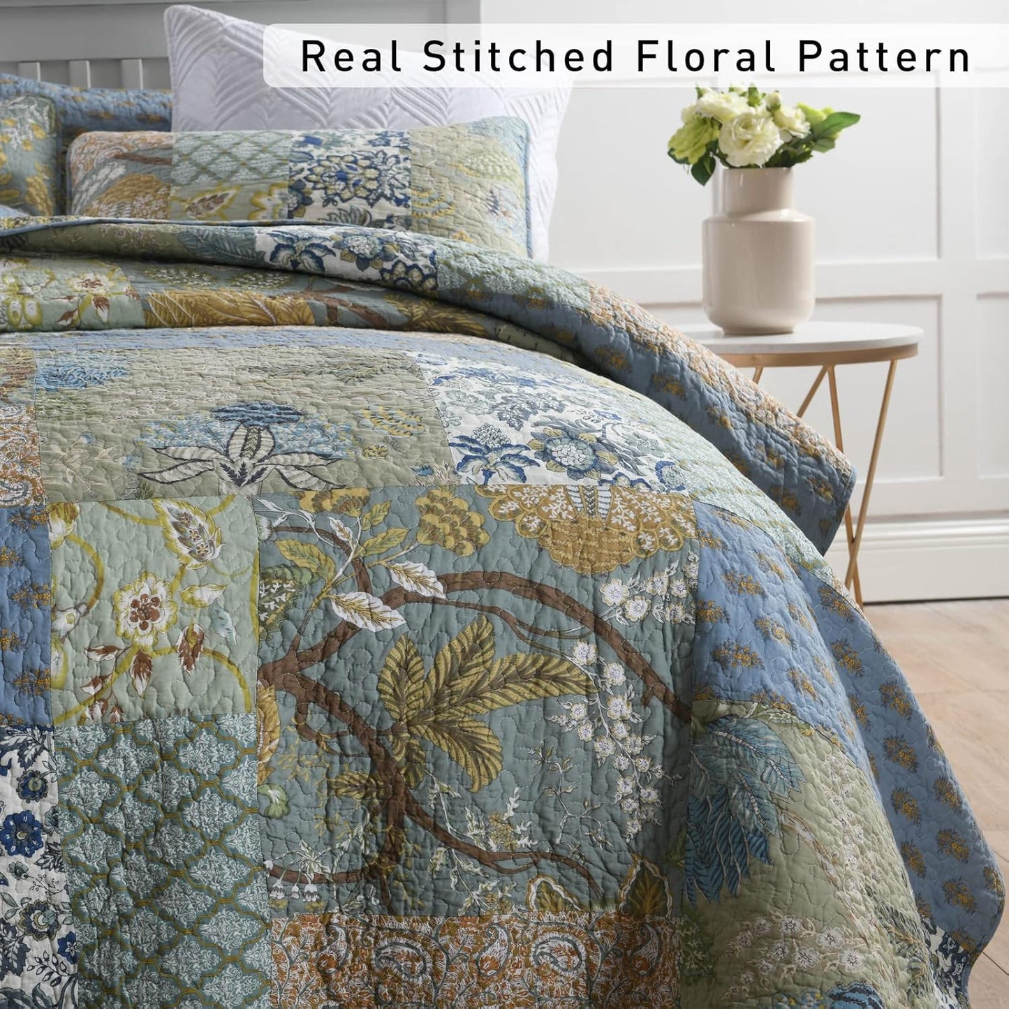Yvooxny Quilt Set Queen Bedspread Reversible Green Farmhouse Garden Coverlet Real Patchwork Quilt Set for All Seasons, Bohemian Floral Pattern, Queen Size