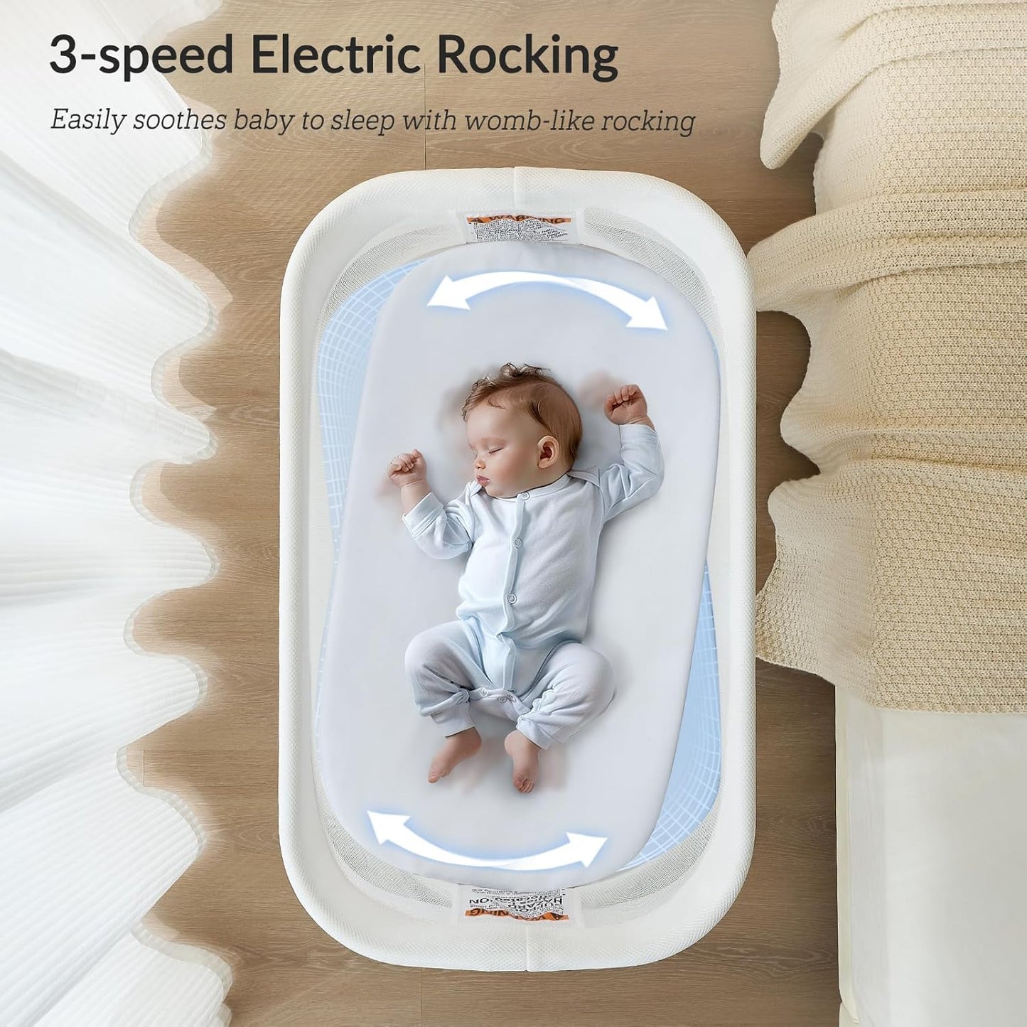 Electric Bassinet for Baby 3 Rocking Speeds, Auto Bedside Sleeper with 8 Soothing Music, Rocking Bassinet for Infant, Grey