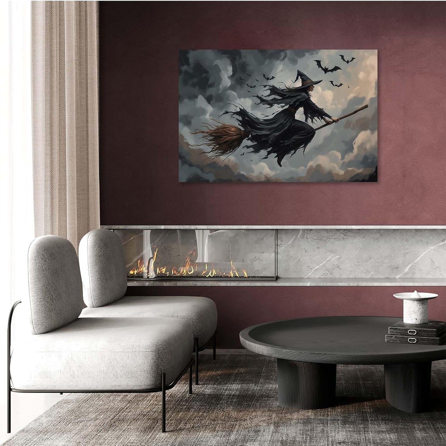 JFHCQJPK Witch and bat flying Halloween poster suitable for home party wall decoration retro Halloween preppy style wall art canvas print suitable for room decoration24x36in Frameless