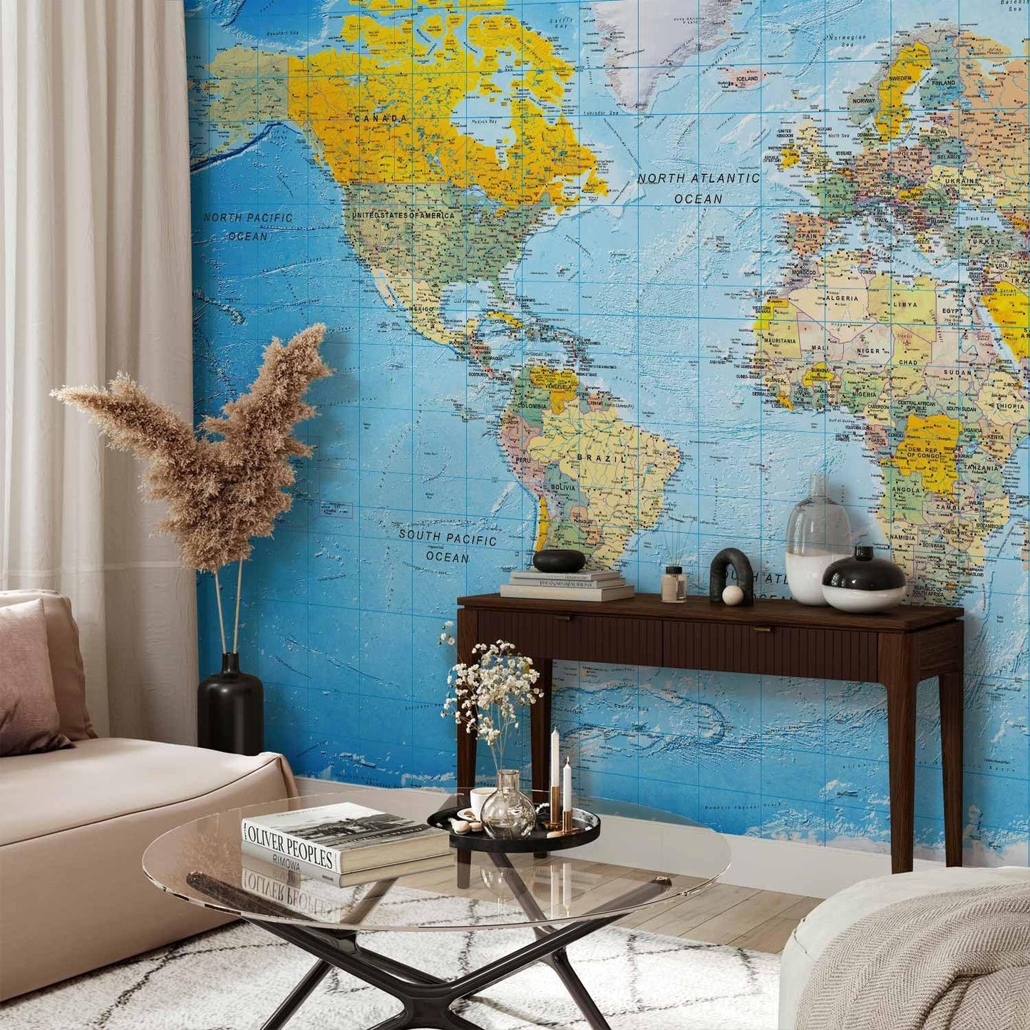 artgeist Premium Wall Mural World Map 98x69 in - XXL Non-Woven Wallpaper Fleece Wall Decor Photo Print Picture Image Design Home Map of The World k-A-0109-a-a