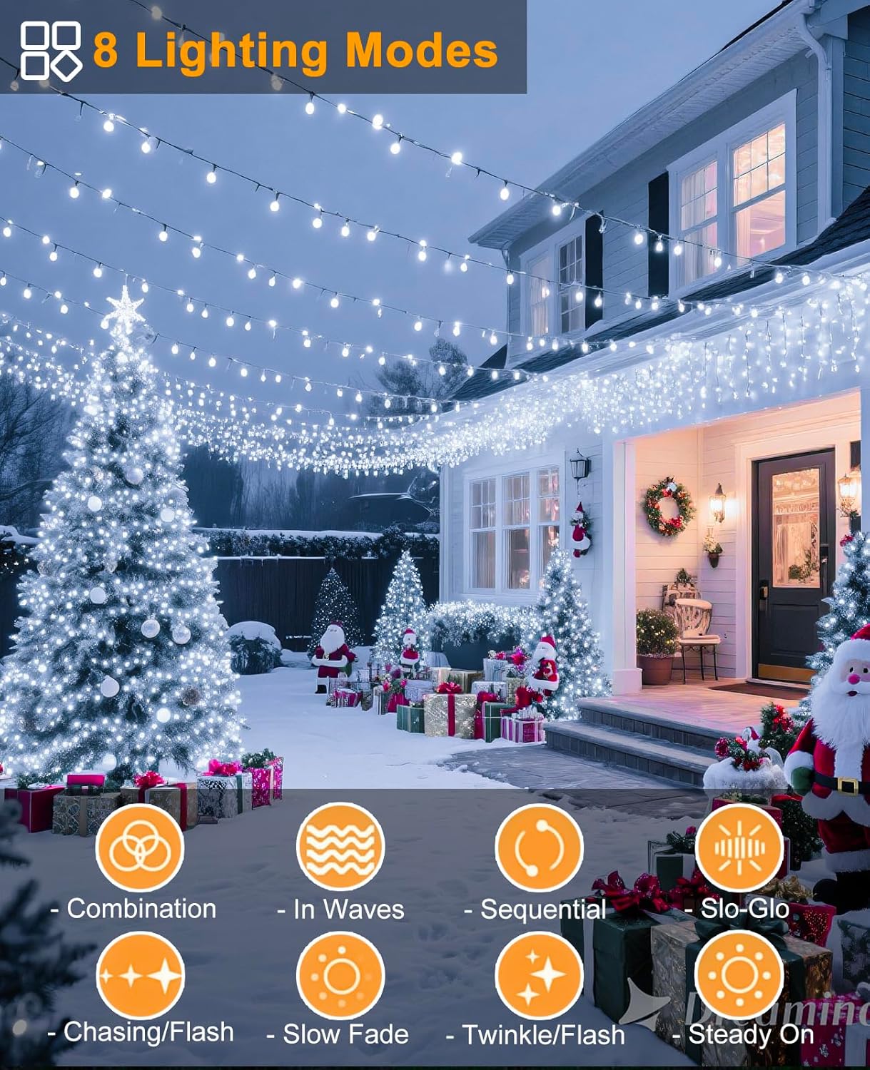 40FT 120 LED Christmas Lights Outdoor, Green Wire Christmas Tree Lights with 8 Modes & Waterproof, Connectable Plug in String Light for Indoor Bedroom Yard Party Wedding Decorations, White