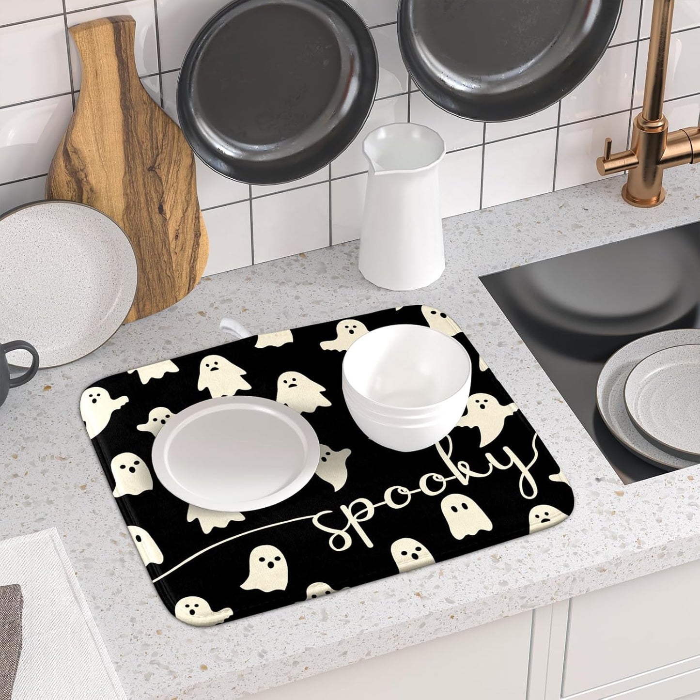 Halloween Dish Drying Mat for Kitchen Counter Spooky Ghost Holiday Super Absorbent Reversible Microfiber Kitchen Countertop Protector Dishes Pad Small 16x18 inch