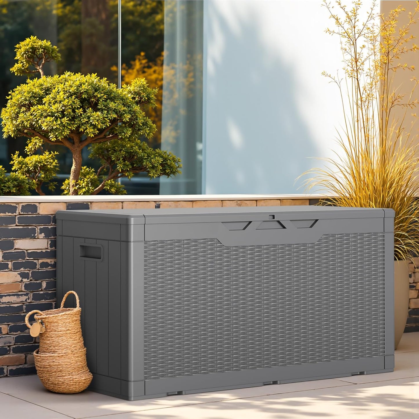 Greesum 100 Gallon Resin Deck Box Lockable Large Outdoor Storage Boxes for Garden Tools, Patio Furniture Cushions, Pool Supplies, Gray
