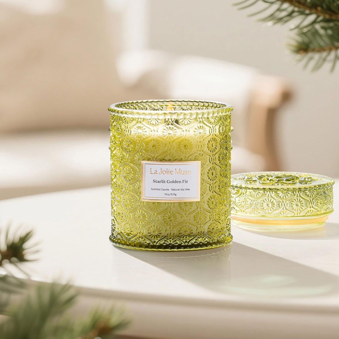 LA JOLIE MUSE Christmas Candles, Starlit Golden Fir Candle – Pine, Cedarwood, Fir Balsam | 19 oz Large Wooden Wick Candle | Natural Soy Wax | 90 Hours Clean Burn | Gift-Ready for Hosts & Gatherings