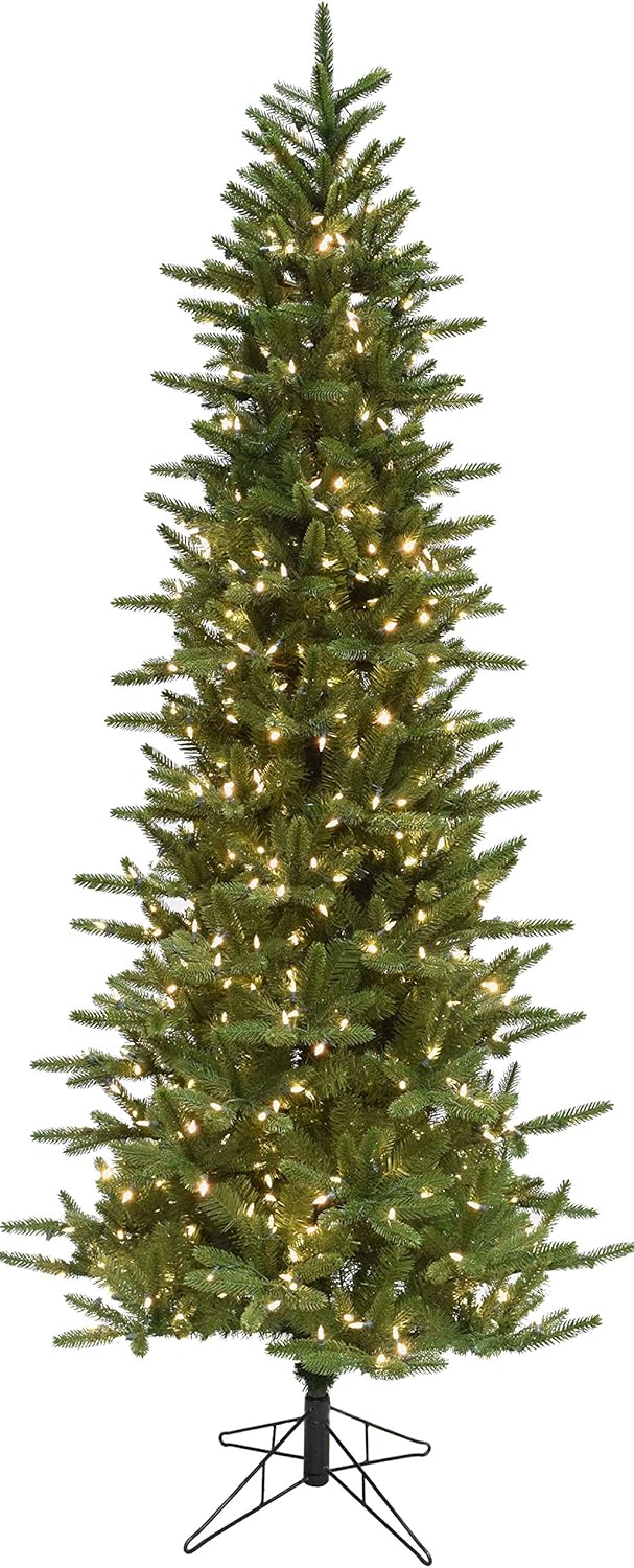 Fraser Hill Farm 9-Ft. Carmel Pine Slim Artificial Christmas Tree with White Incandescent Smart Lights and Stand, Prelit Foldable Fake Tree with Realistic Foliage for Home Decoration