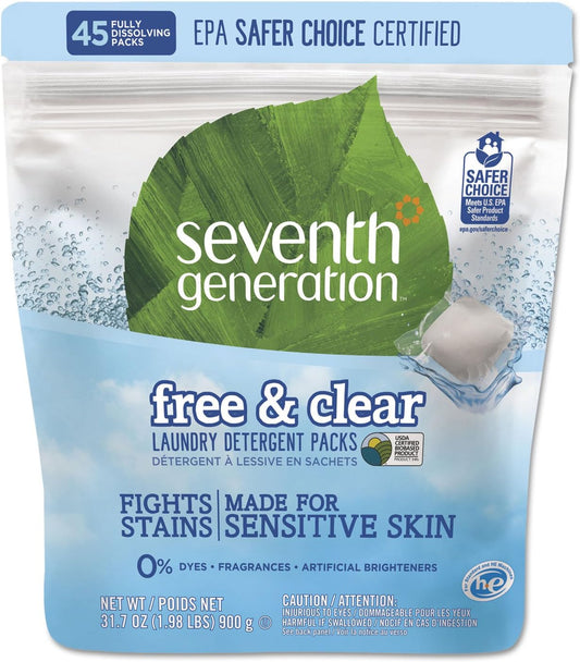 Natural Laundry Detergent Packs, Powder, Unscented, 45 Packets/Pack, 8/Carton
