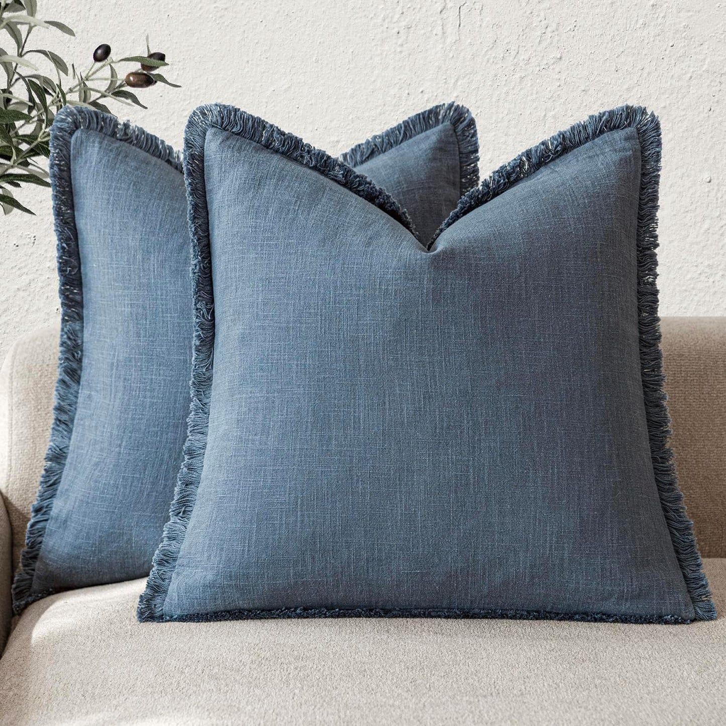 Foindtower Set of 2 Decorative Linen Fringe Throw Pillow Covers Cozy Farmhouse Cushion Cover with Tassels Accent Pillowcase for Couch Chair Sofa Bed Living Room Home Decor,20×20 Inch,Dark Blue