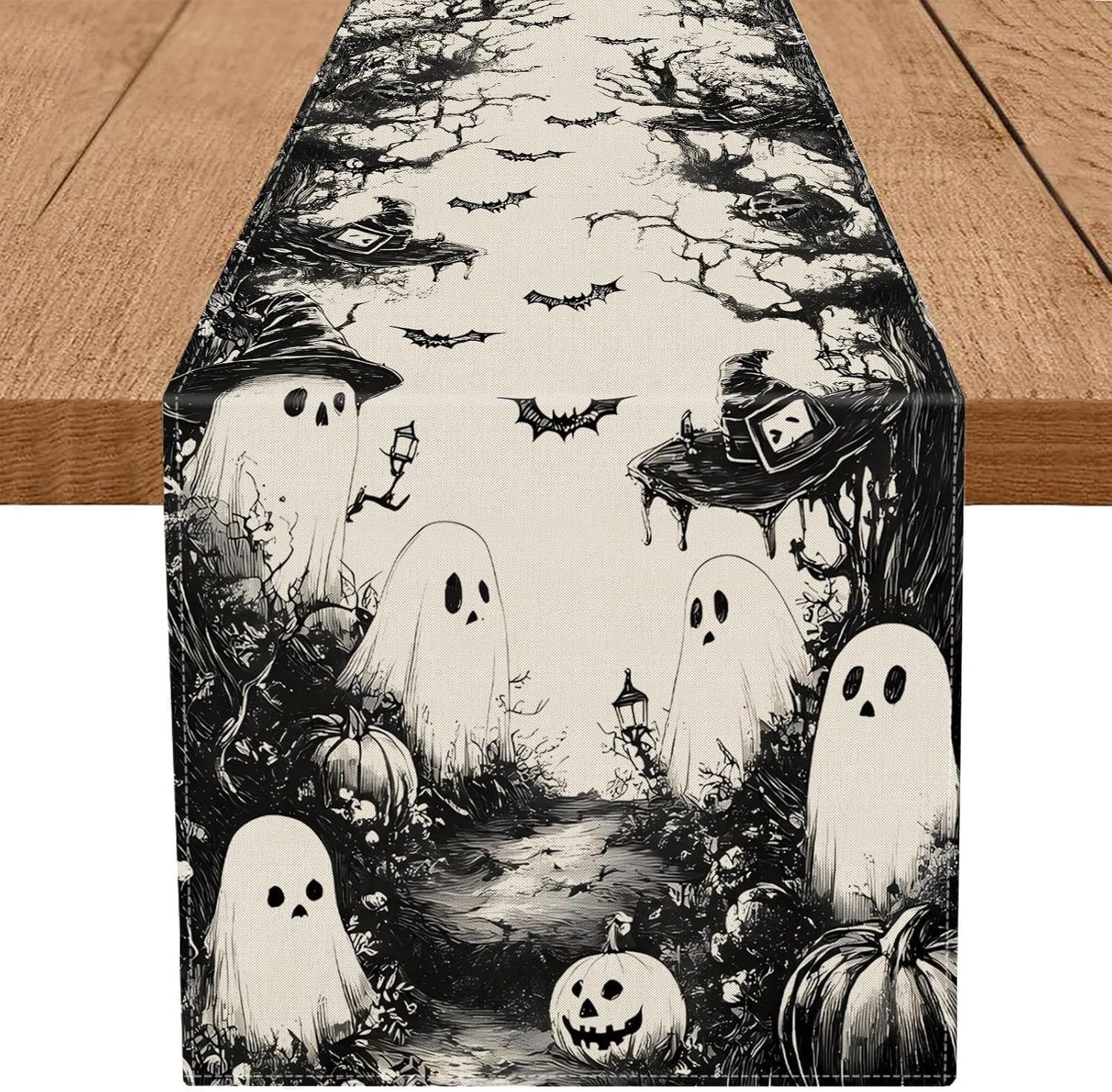 GPGHE Halloween Table Runner Black Ghost Holiday Burlap Table Decoration Indoor Outdoor Home Decor Party Supply 13 x 48 Inch