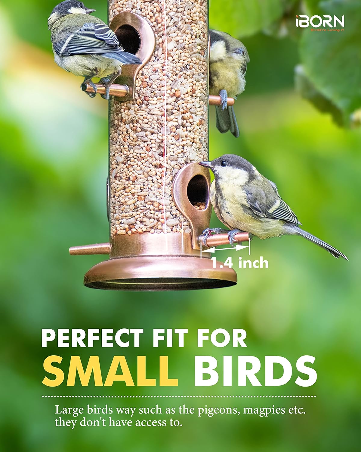 iBorn Metal Bird Feeders Brushed Copper Wild Bird Feeder for Outdoors Hanging All Metal Brushed Copper Finishing 14 Inch 6 Port,Pack of 2