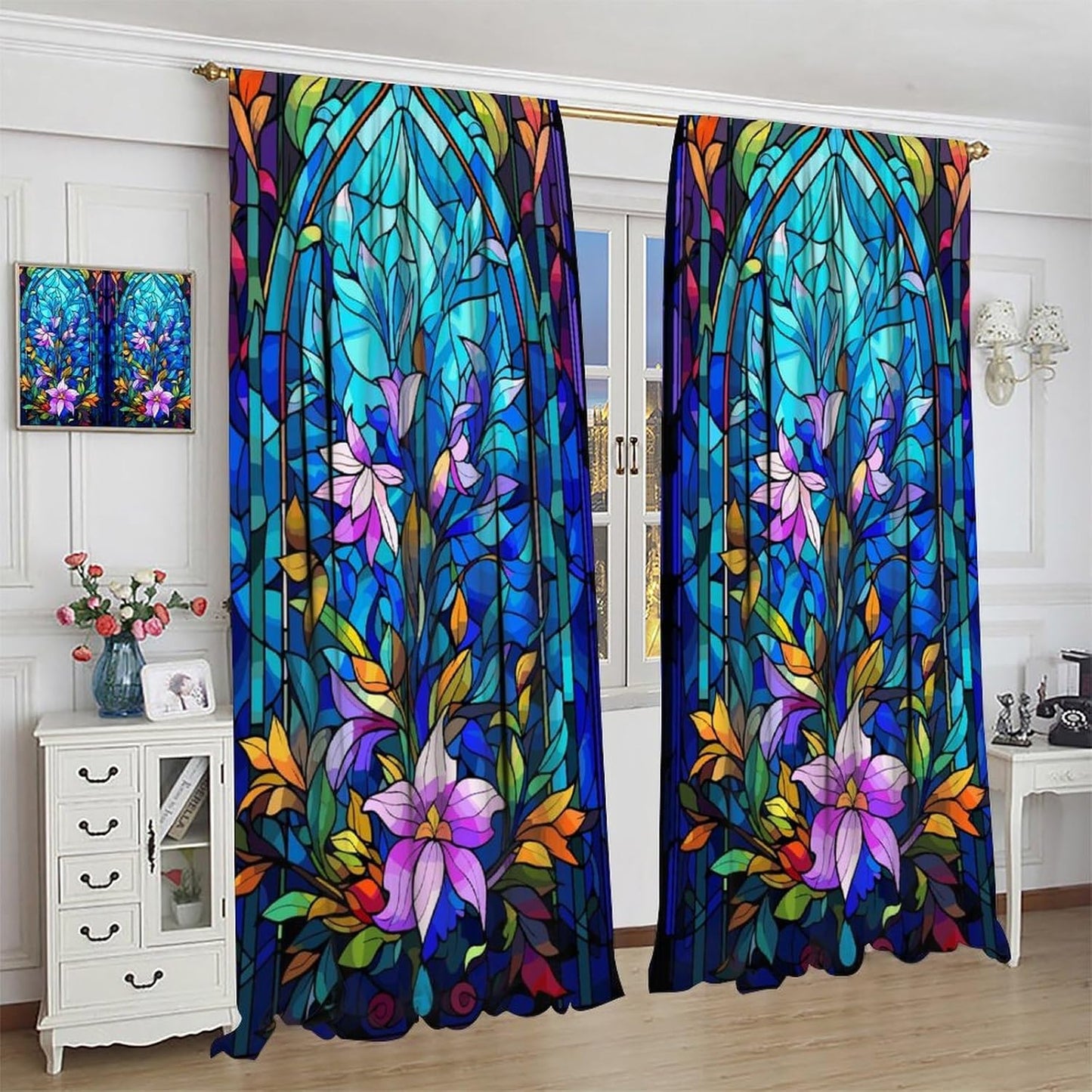 Stained Glass Curtains,Abstract Colorful Floral Geometric Art Home Decor Drapes for Bedroom Living Room Kitchen Window Treatment 2 Panels Set Total Size 52" W X 84" L Inch