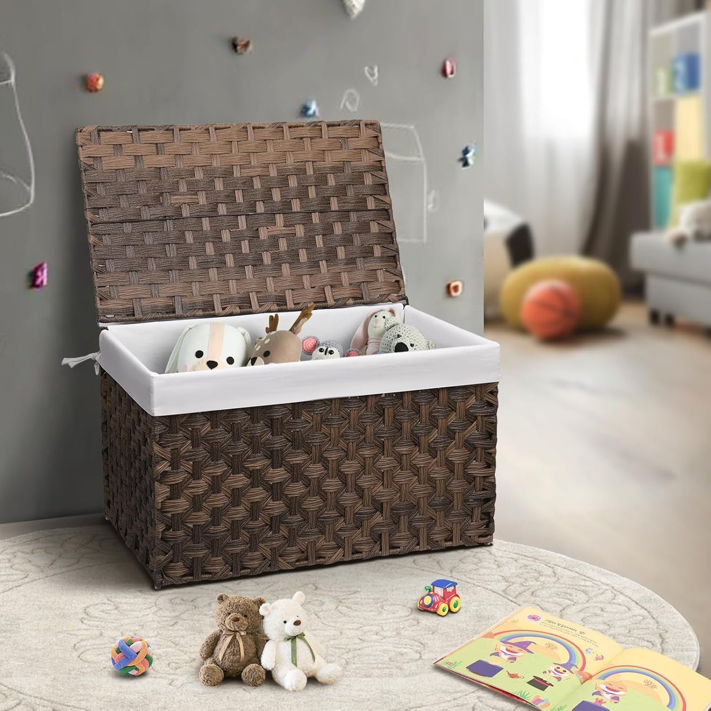 Wicker Storage Basket with Lid, 27.7 Gallon (105L) Large Blanket Basket with Lid, Woven Storage Bin with Handles, Removable Liner, Metal Frame, Foldable, for Bedroom, Laundry Room, Brown