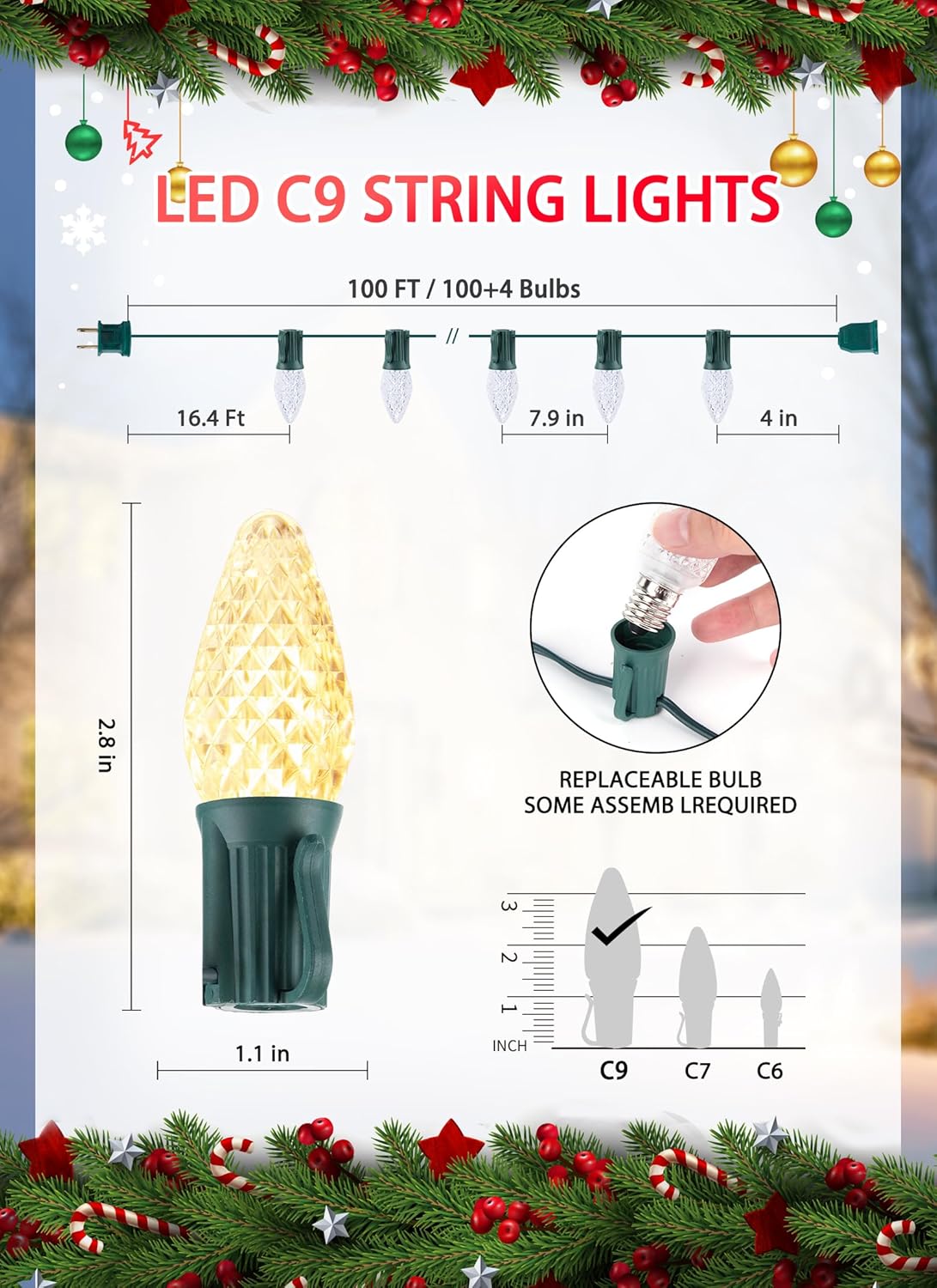 Minetom C9 Christmas String Lights, 100 Ft LED Commercial Outdoor Christmas Lights with 100 Strawberry C9 Bulbs, Waterproof Connectable UL Certified for Outdoor Indoor Roofline Backyard Xmas Decor
