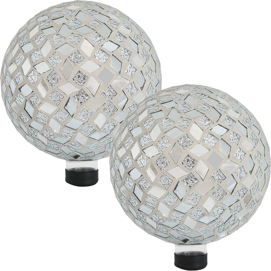 Sunnydaze 10-inch Gazing Ball for Garden - Crackled Glass Mosaic Gazing Globe for Outside - Mirrored Diamond Mosaic - 2-Pack