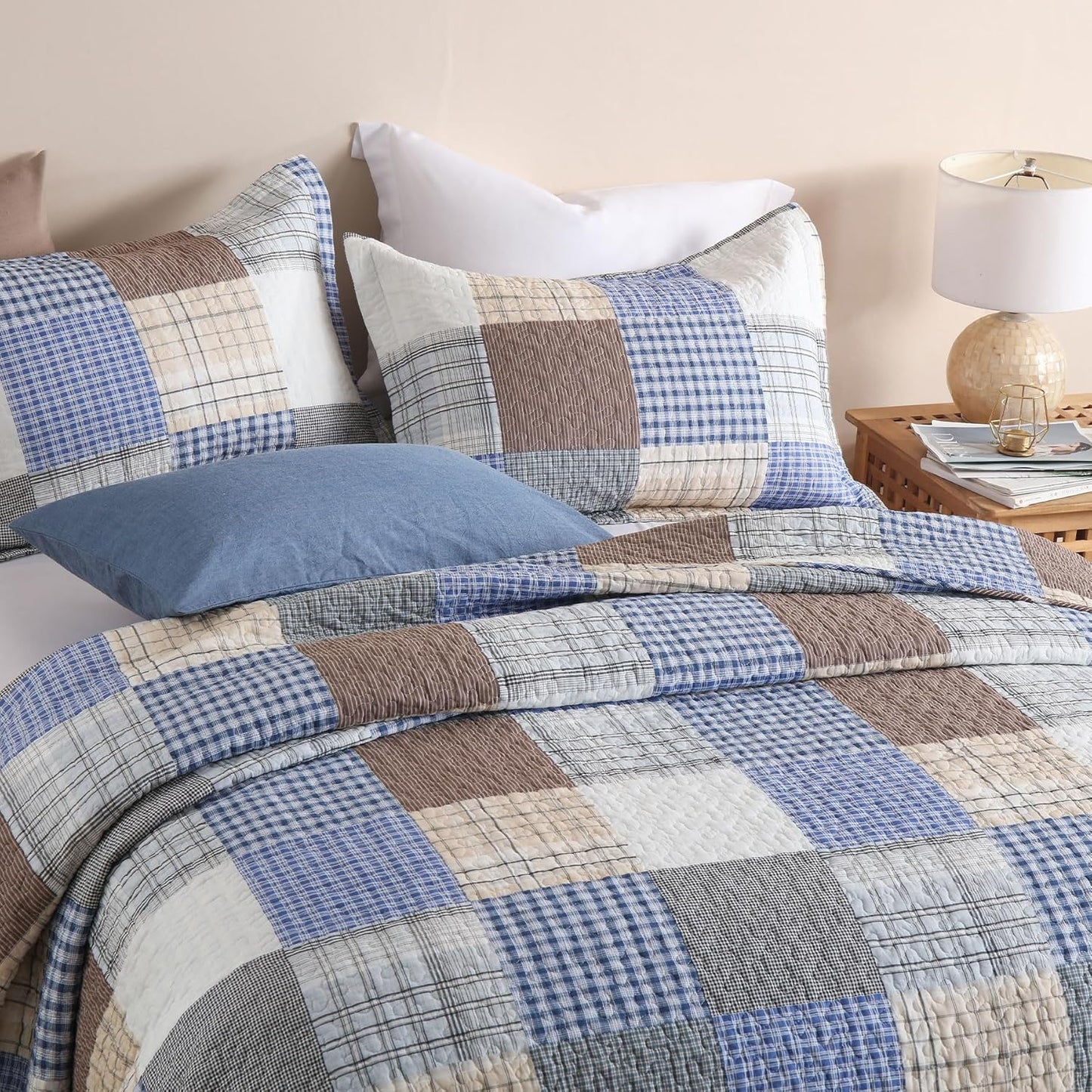 Secgo Queen Comforter Set for Bed - 100% Cotton Quilts Queen Size, Bule, Plaid Bedspreads (90 * 98 Inch) with 2 Pillow Shams, Patchwork Reversible Lightweight Bedding