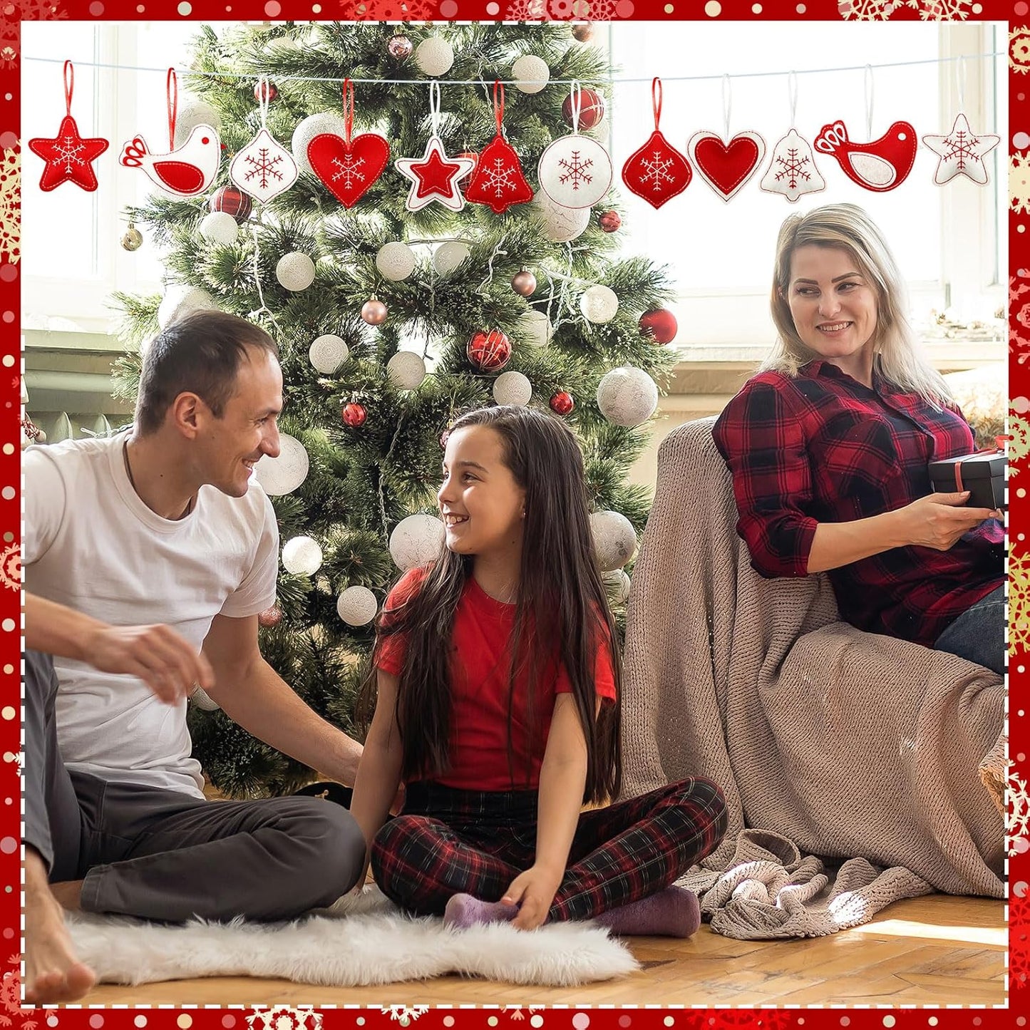 12 Pcs Christmas Felt Ornaments for Tree 3D Snowflake Hanging Decorations Classic Red White Hanging Felt Craft for Christmas Party Favors Gifts