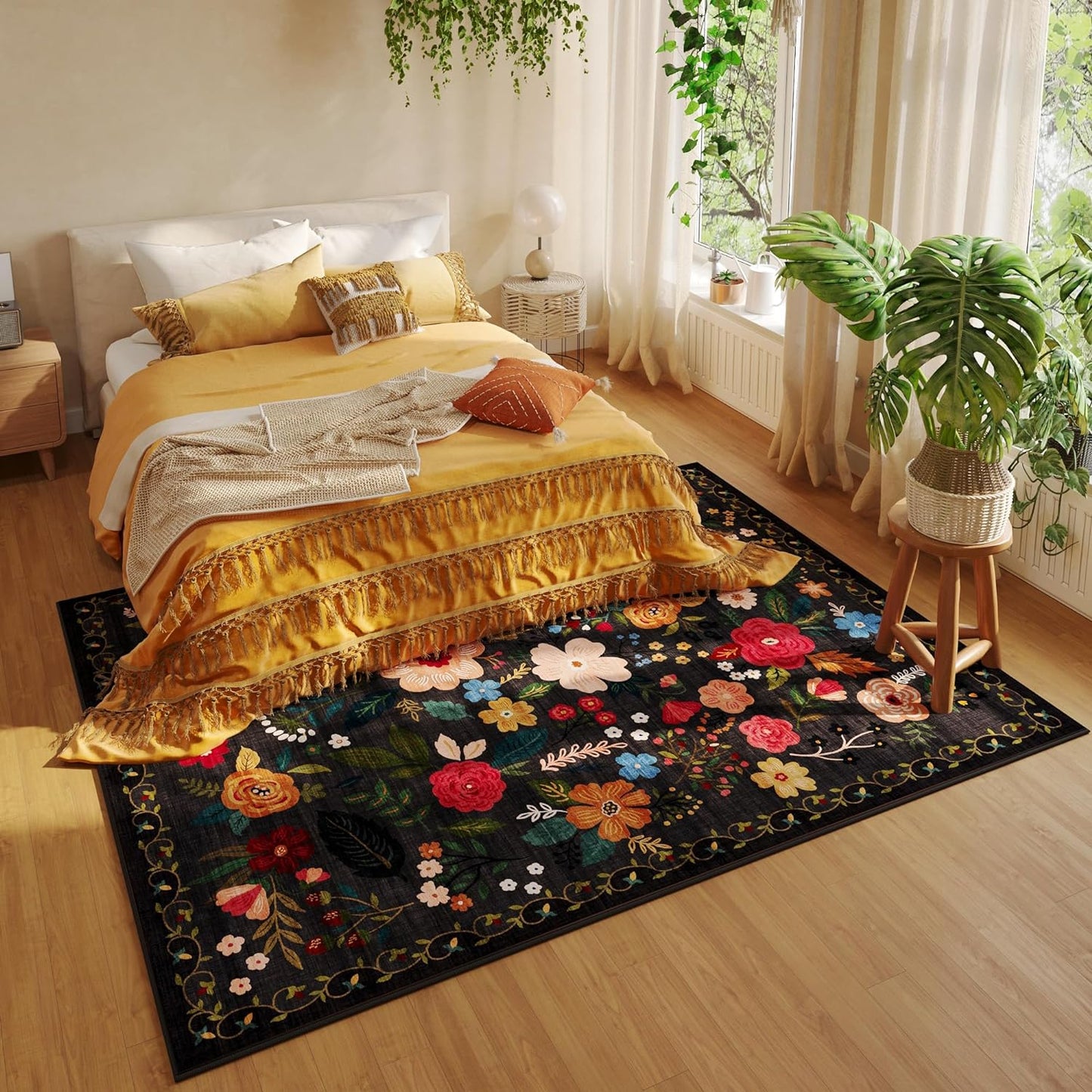 Living Room Rug 6x9 Rug Machine Washable Boho Area Rug Non Slip Floral Vintage Low Pile Large Rug for Living Room, Bedroom, Farmhouse, Dining Room, Kids Playroom(Black)