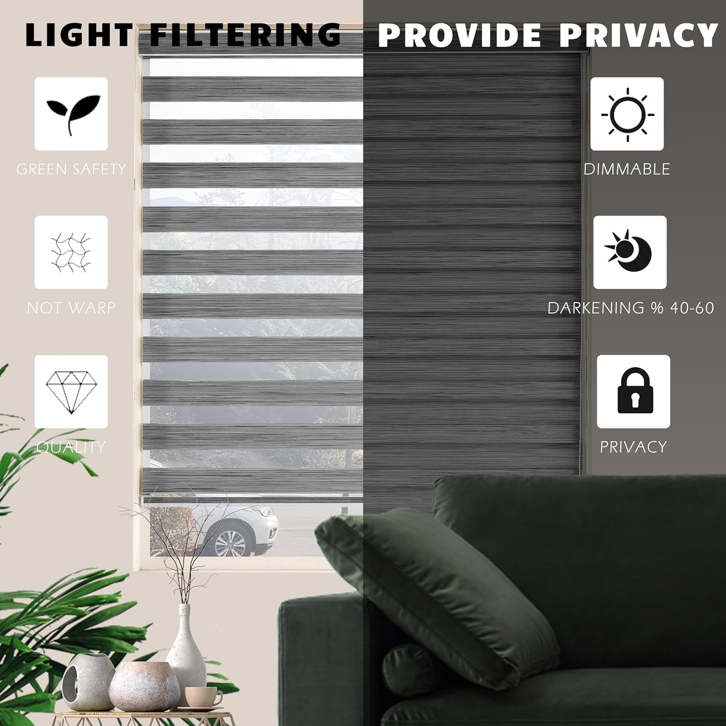 Zebra Blinds for Windows, Free-Stop Zebra Shades, Dual Layer Light Filtering Sheer Blinds for Indoor Windows, Roller Window Shades for Privacy (24" W X 72" H, Grey)