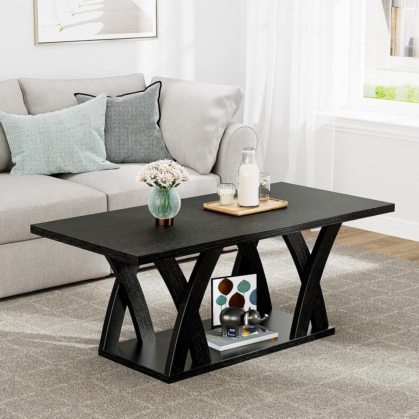 47” Wood Coffee Tables for Living Room Rustic Stands with Storage Shelf Black Coffee Tables for Living Room Farmhouse Center Stands with Shelf Farmhouse Rectangle Center Table