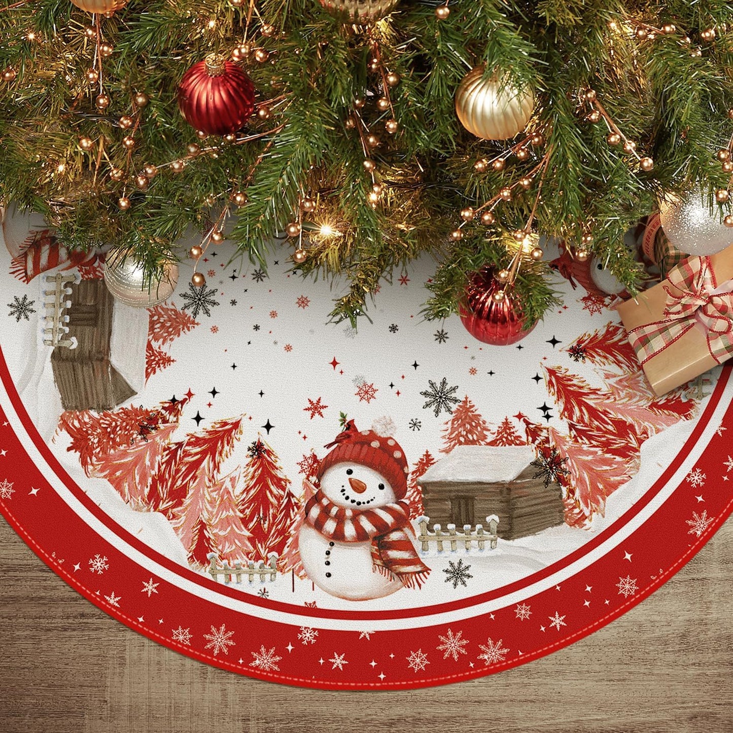 AVOIN colorlife Snowflake Snowman Cardinal Christmas Tree Skirt 36 Inch, Winter Holiday Tree Mat Decoration Red