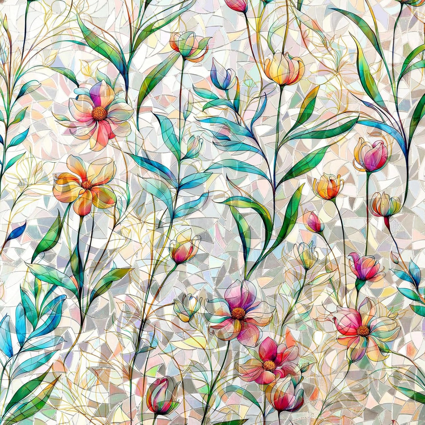 Rainbow Window Privacy Film 3D Floral Decorative Stained Glass Window Film Anti UV Non-Adhesive Reusable 23.6" x 157.4" for Home Room Car Glass Cling