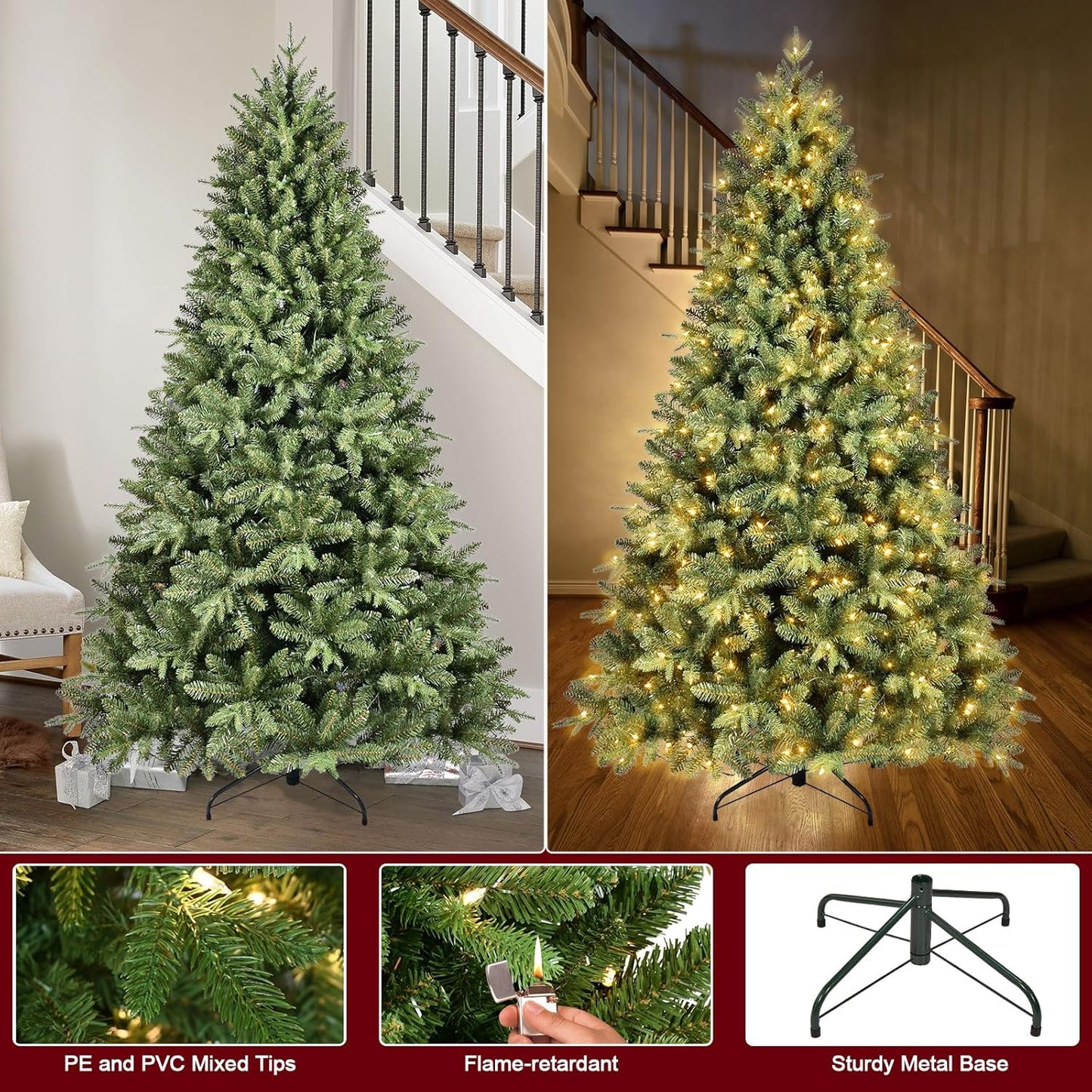 6FT Pre-Lit Artificial Christmas Tree with 1458 PE&PVC Mixed Branch Tips, 400 Warm White Lights, Hinged Premium Spruce Fake Xmas Trees, Green, Foldable Base