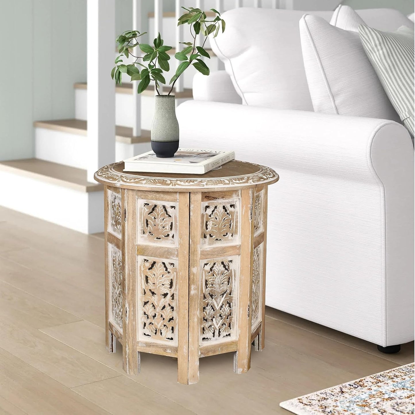 Lightnpro Hand Carved Solid Mango Wood Octagonal Accent Table - 18"×18" White Wash Farmhouse Vintage Home Décor Round End Table for Living Room, Bedroom, Entryway - Rustic Boho Side Table