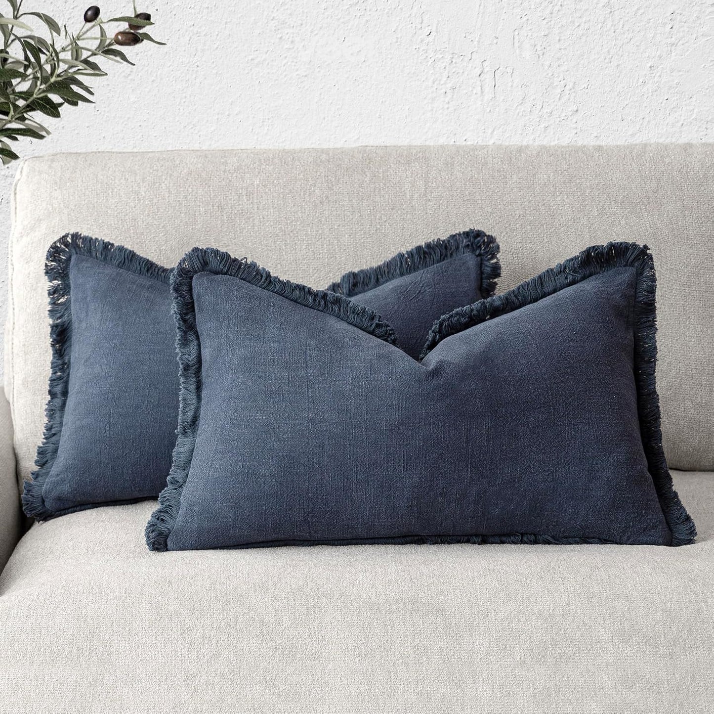 Foindtower Set of 2 Decorative Linen Fringe Throw Pillow Covers Boho Farmhouse Cushion Cover with Tassels Accent Pillowcase for Couch Bed Sofa Living Room Home Bedroom Decor, 12×24 Inch, Navy Blue