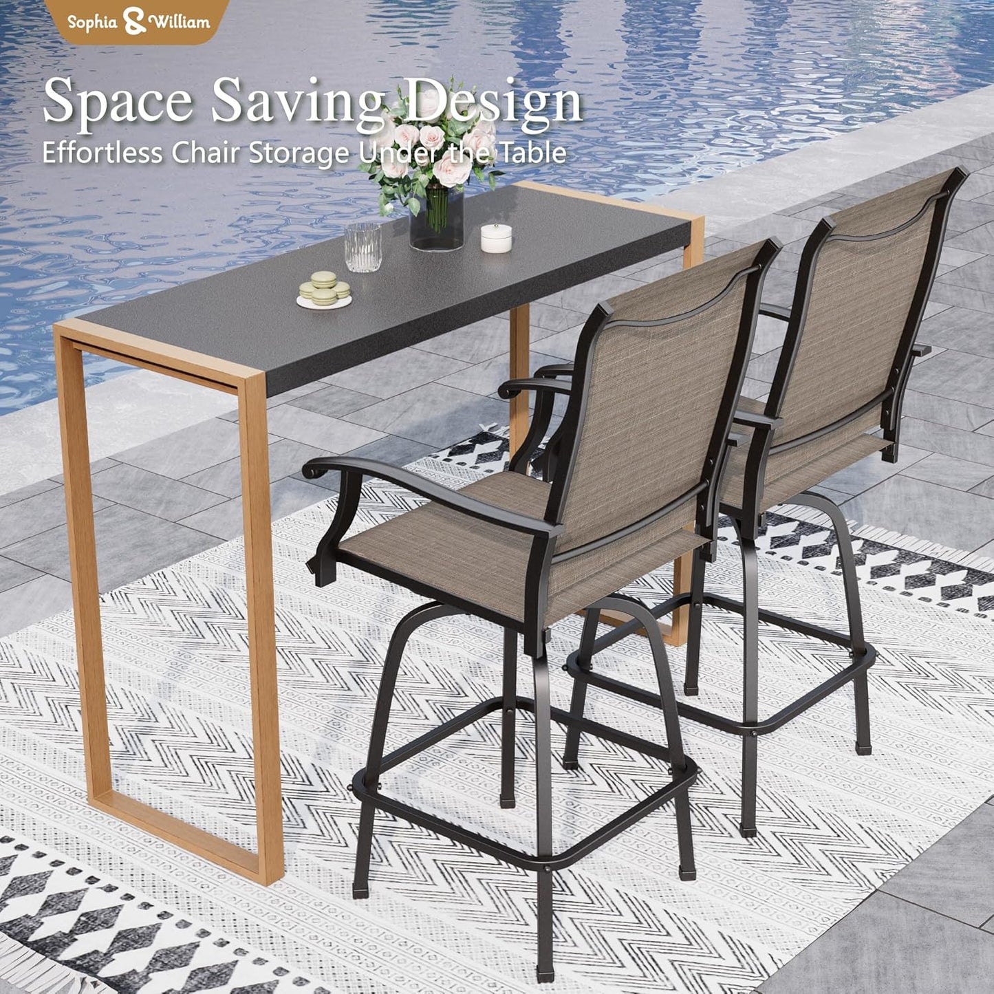 Sophia & William Bar Table,Bar Height Pub Table Counter Height Bar Table,Larimar Tabletop and Natural Woodgrain Legs,Black