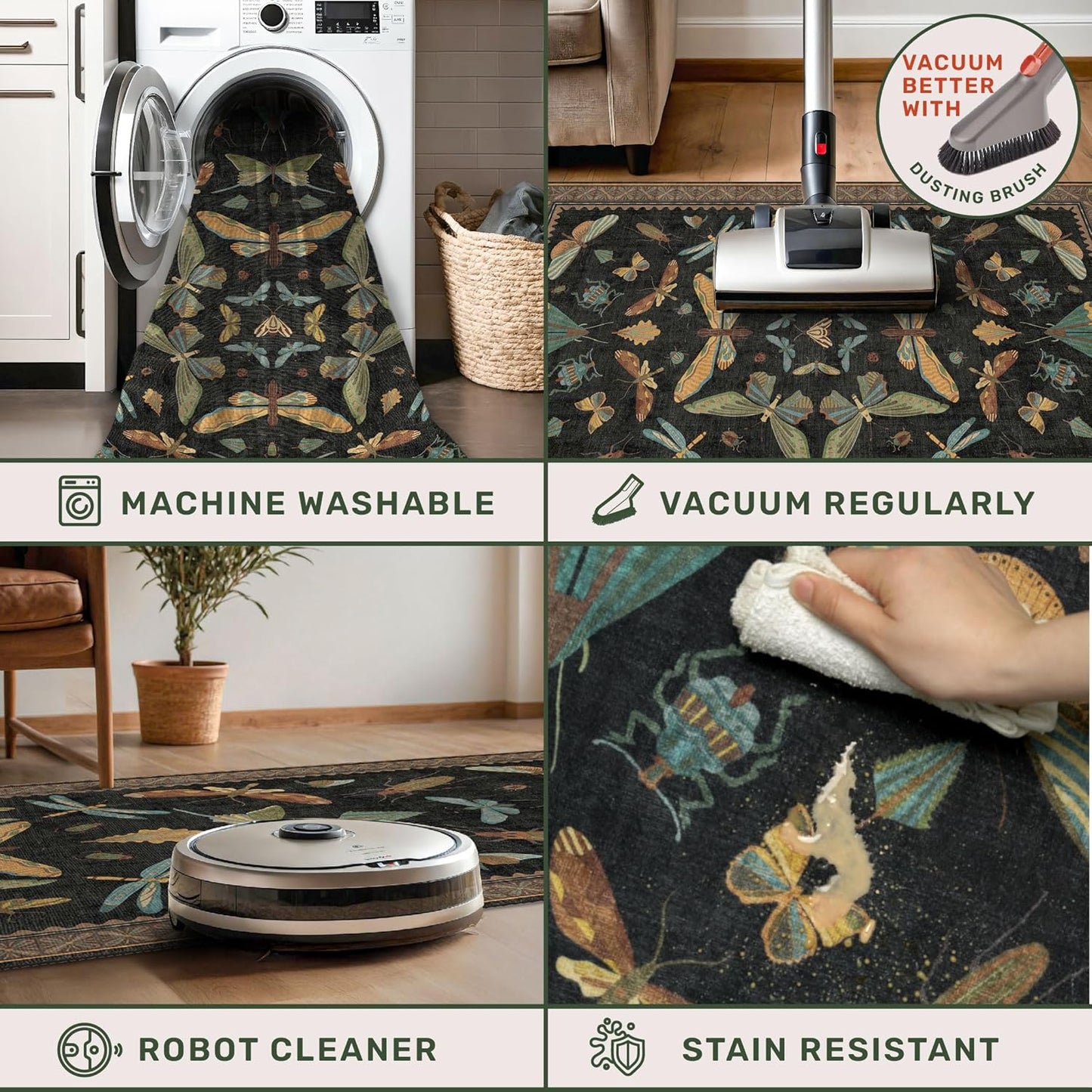 Black Insect 2'6"x8' Washable Non Slip Runner Rugs for Hallways, Non Skid Stain Resistant Rug Runners for Kitchen, Entryway, Mudroom -, Dark Floral Boho Cottagecore Home Decor