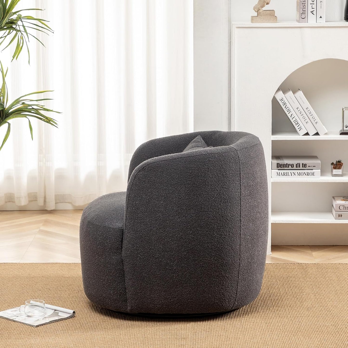 KINWELL 34" Wide Boucle Swivel Barrel Chair, No Assembly Round Upholstered Armchair Accent Chair Single Sofa Chair with Toss Pillow for Living Room and Bedroom, Dark Grey